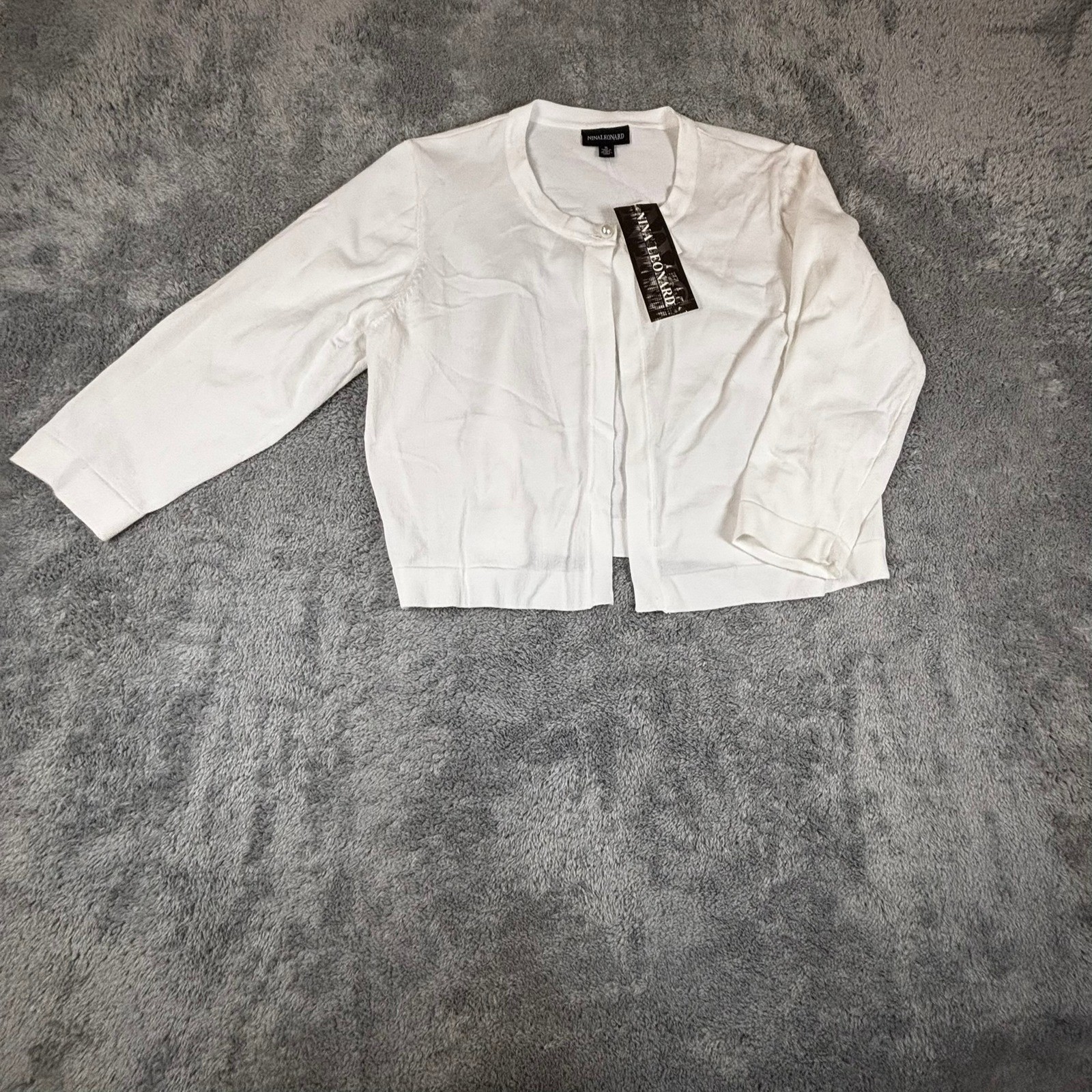 Nina Leonard White Cardigan Sweater XL Pearl Button 3/4 Sleeve Cropped Knit