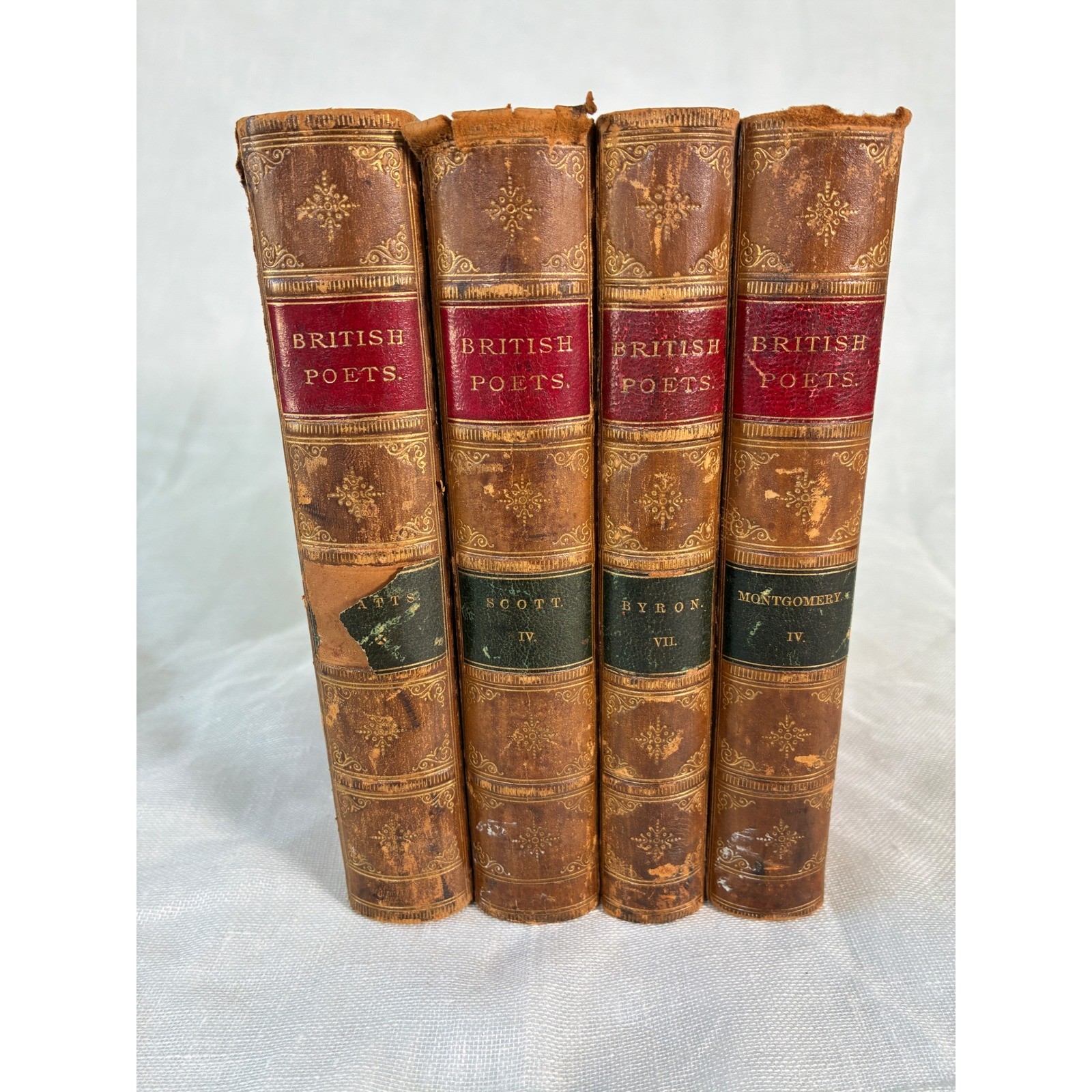 Antique British Poets Leather Book Set 1860s Byron Watts Scott Montgomery 4 Vol