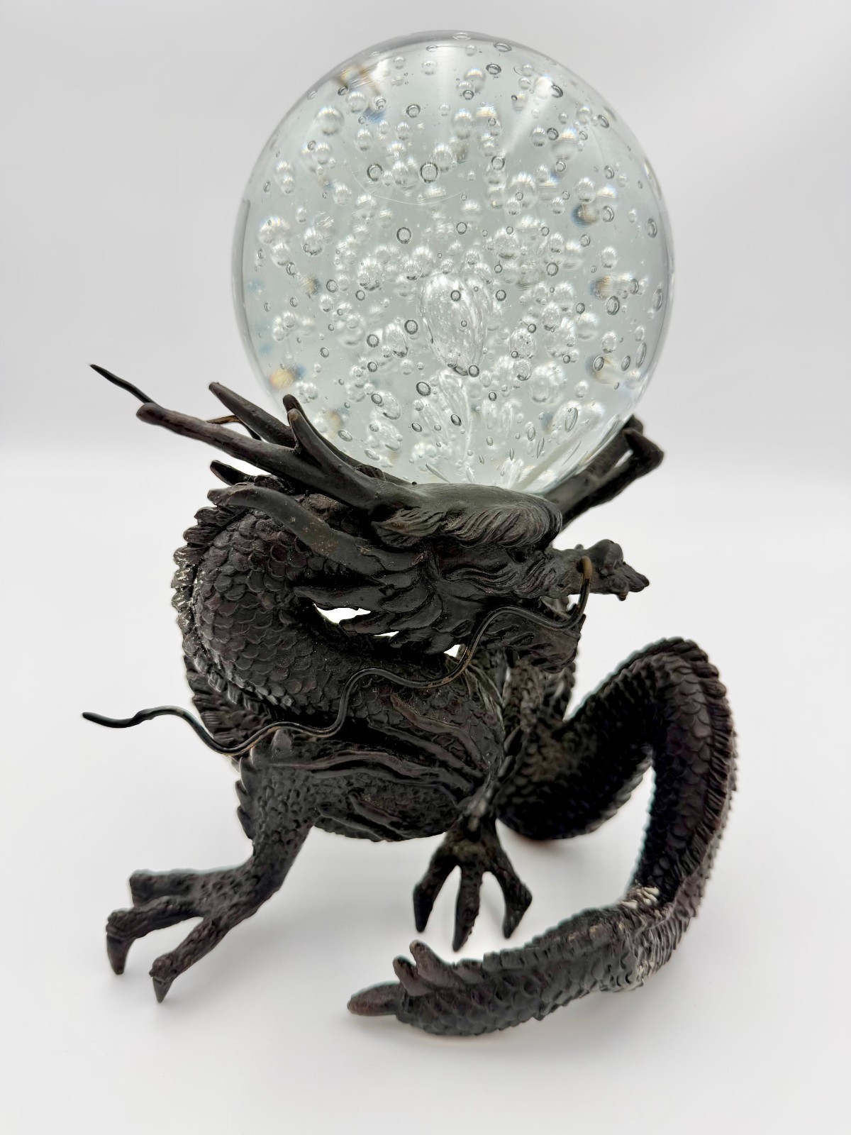 Chinese Dragon Sculpture Holding Bubble Glass Orb Patinated Cast Metal Vintage