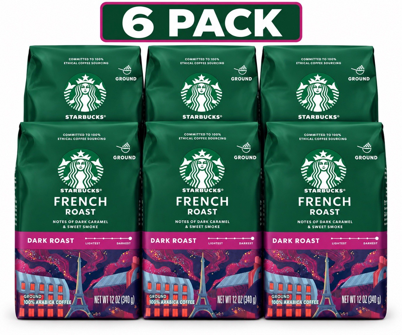 LOT OF 6 Starbucks French Roast, Ground Coffee, Dark Roast, 12 oz EACH LOT OF 6 Starbucks French Roast, Ground Coffee, Dark Roast, 12 oz EACH