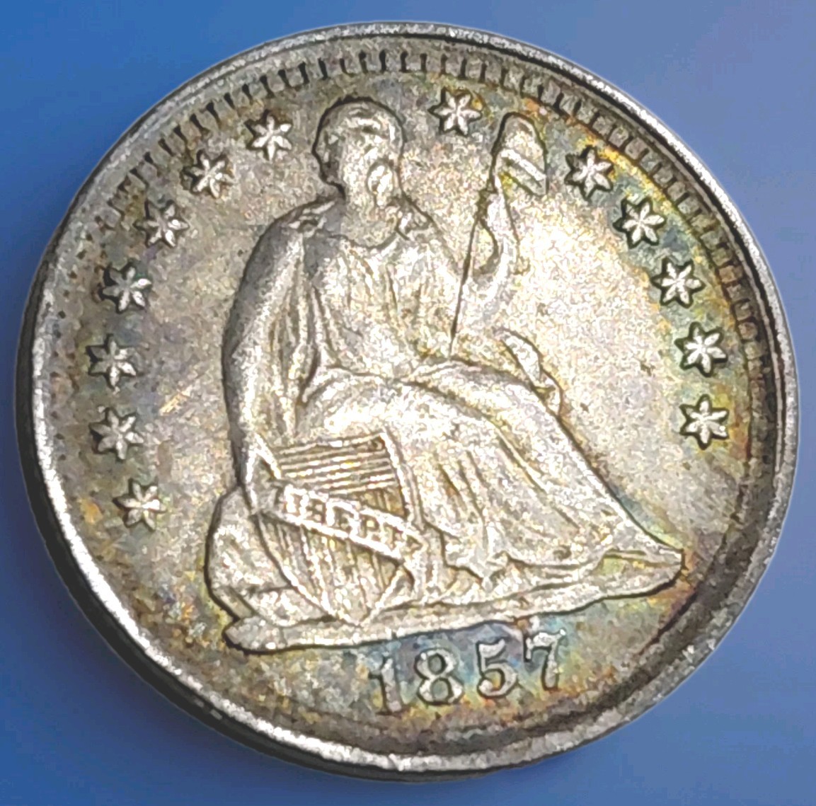 1857 P Seated Liberty Half Dime No Arrows Silver Business Strike Rainbow Toner 1857 P Seated Liberty Half Dime No Arrows Silver Business Strike Rainbow Toner