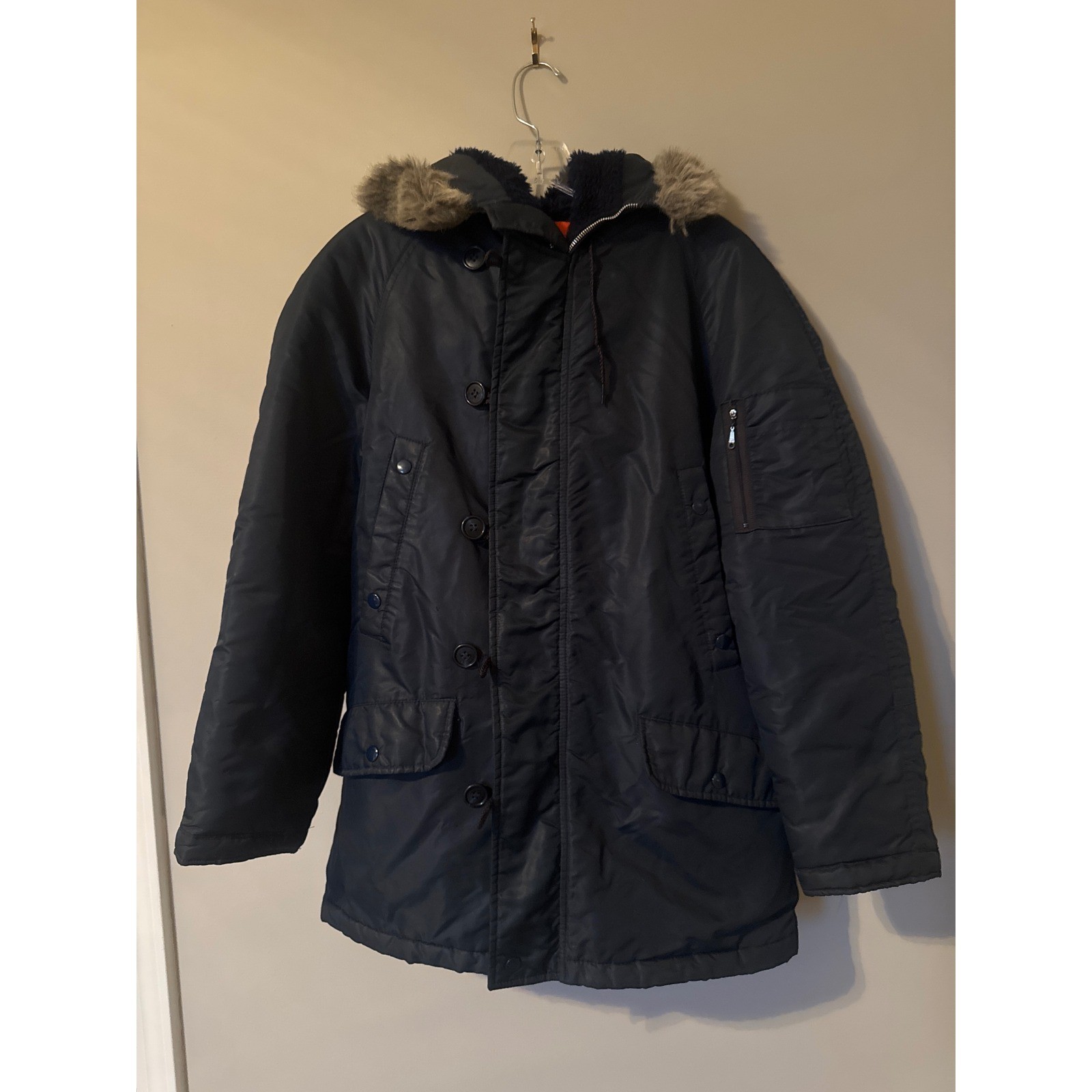 Vintage Sears The Mens Store Parka Navy Blue Orange Lining Hooded Coat 38 Vintage Sears The Mens Store Parka Navy Blue Orange Lining Hooded Coat 38