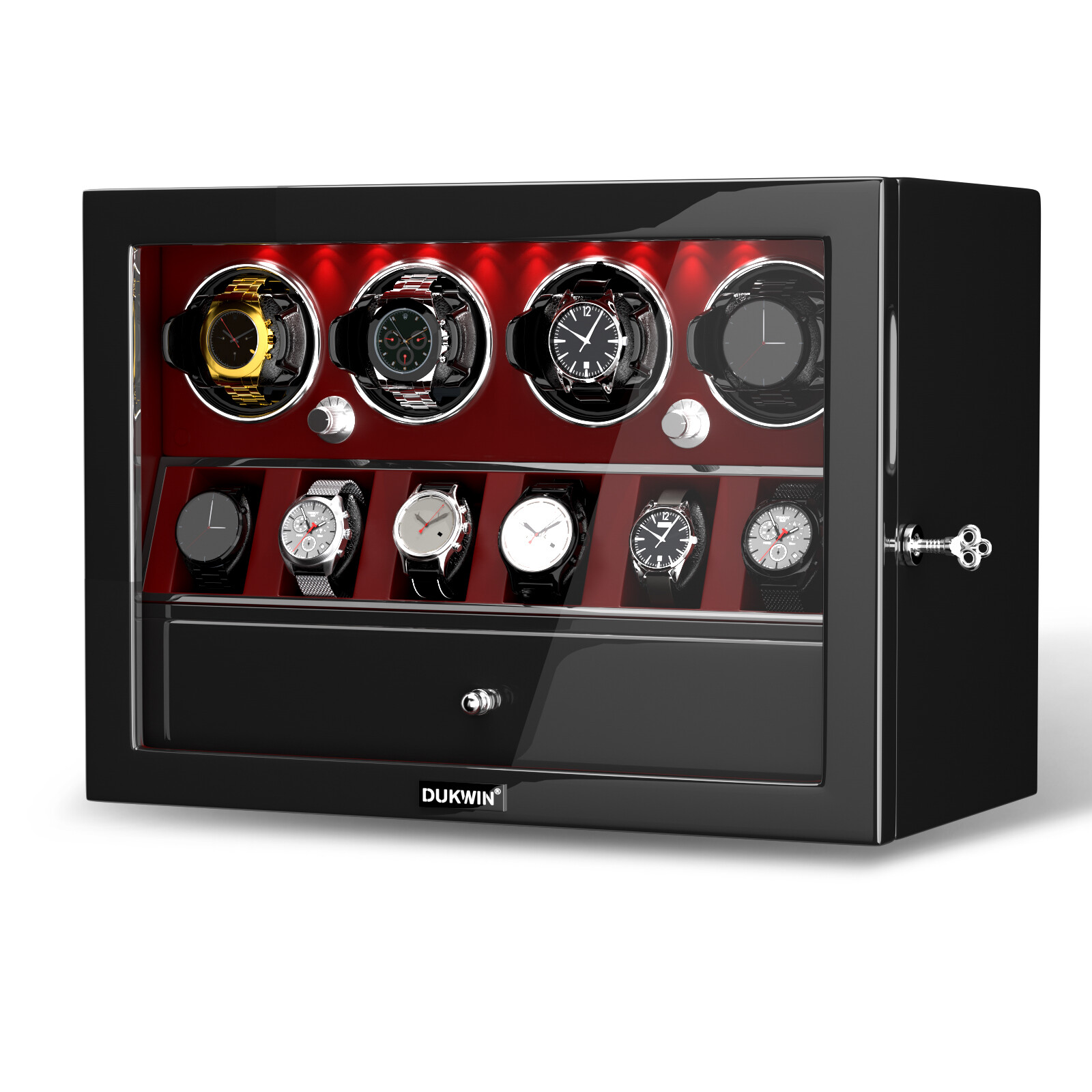 4+6 Automatic 4 Watch Winder Case with 6 Watches Display Storage Box LED New