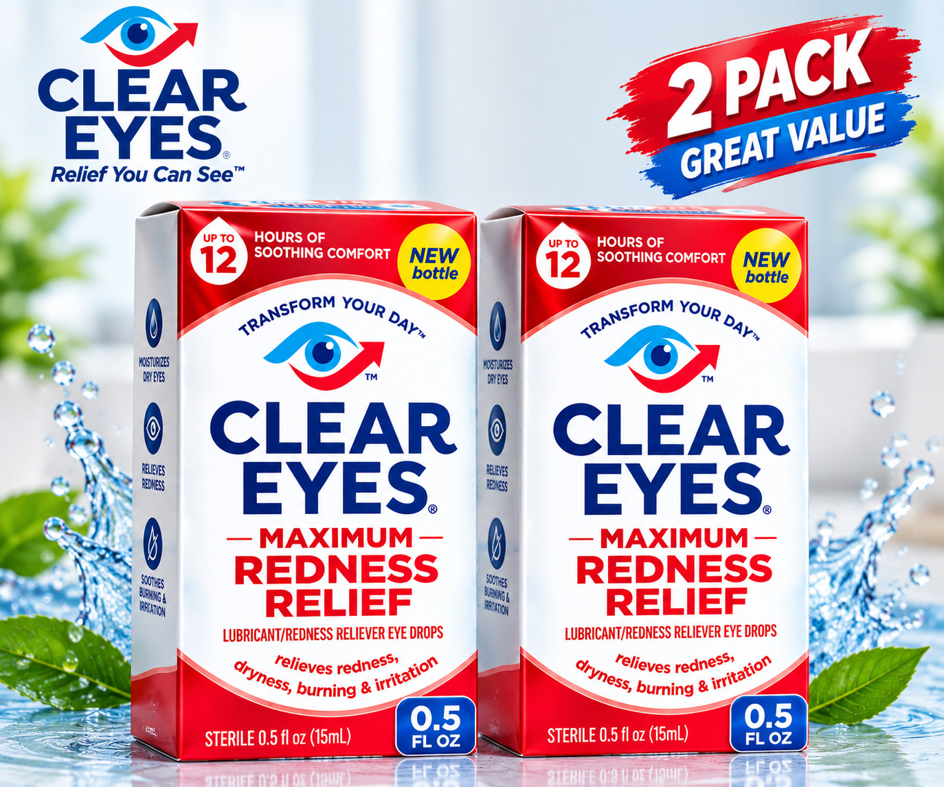 Clear Eyes, Maximum Redness Relief Eye Drops, 0.5 Fl Oz (Pack of 2) EXP 04/2027 Clear Eyes, Maximum Redness Relief Eye Drops, 0.5 Fl Oz (Pack of 2) EXP 04/2027
