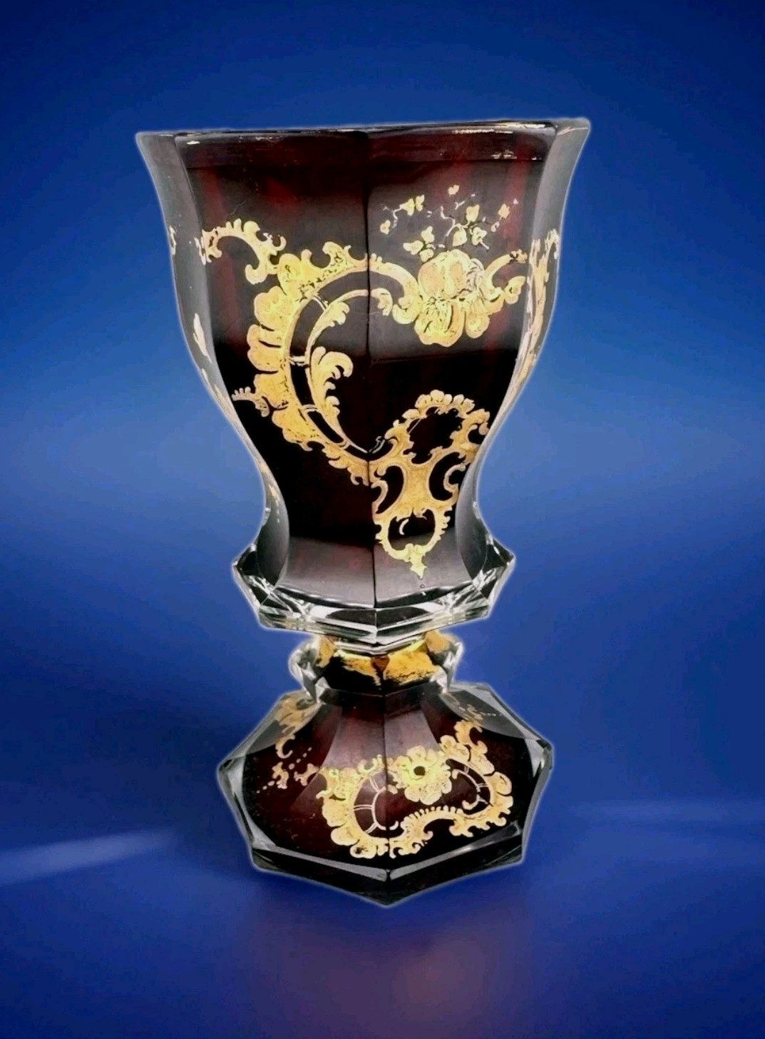 Antique Bohemian  Moser Style Ruby Red Glass Goblet Gold Gilt Biedermeier Period