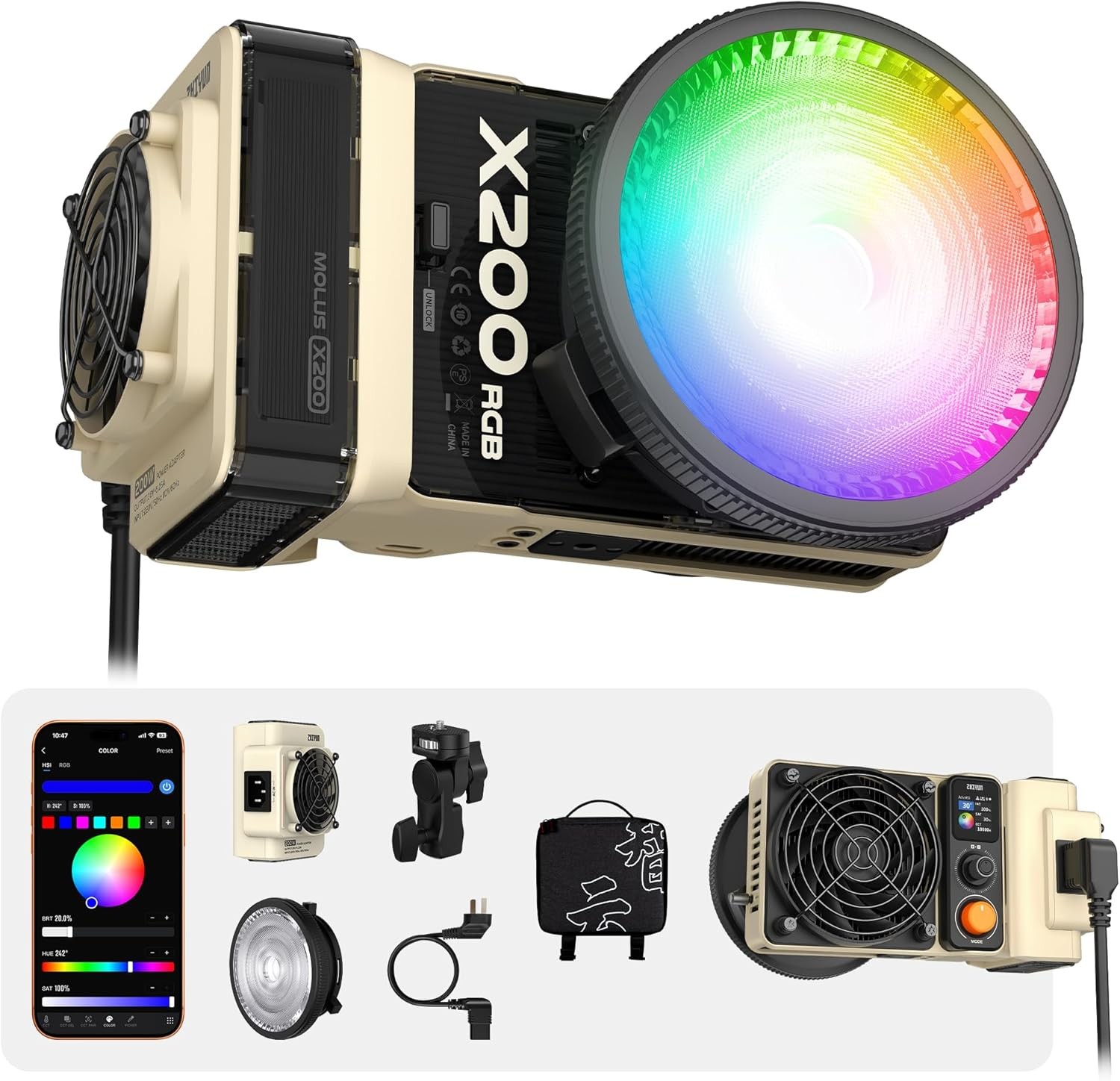 Zhiyun Molus X200 RGB 200W 2500K-10000K Pocket RGB LED Video Light  APP Control
