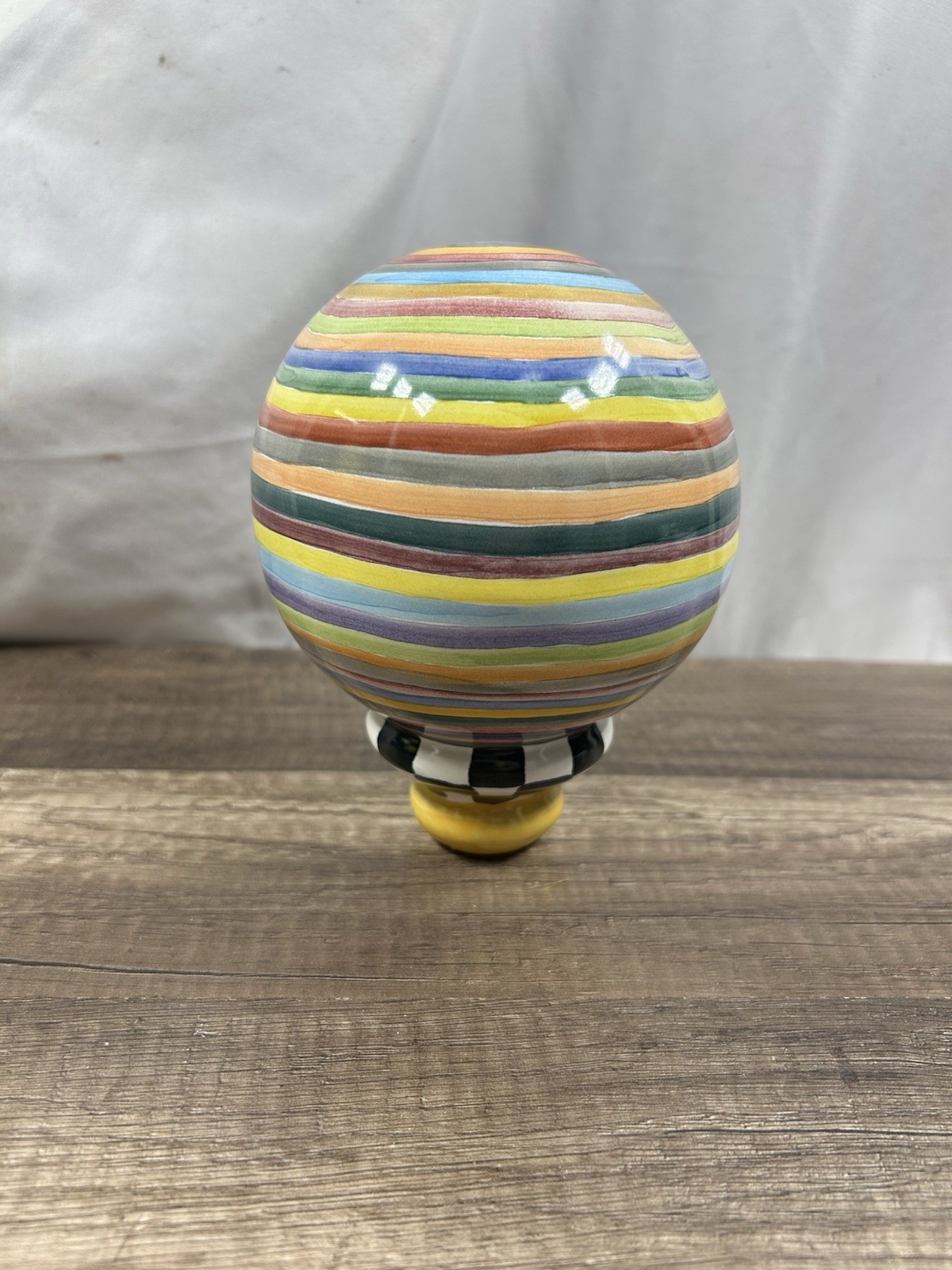 Mackenzie Childs Ceramic Garden Globe Pinstripe E Threaded Bottom