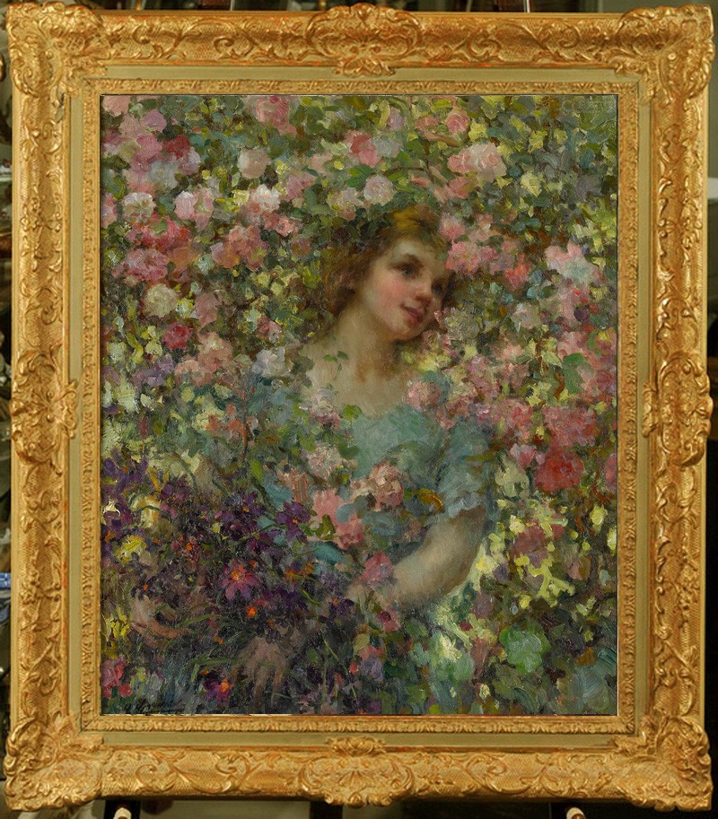 Hand Painted Classical Oil Painting Girl Surrounded Flowers Art Vintage Style Hand Painted Classical Oil Painting Girl Surrounded Flowers Art Vintage Style
