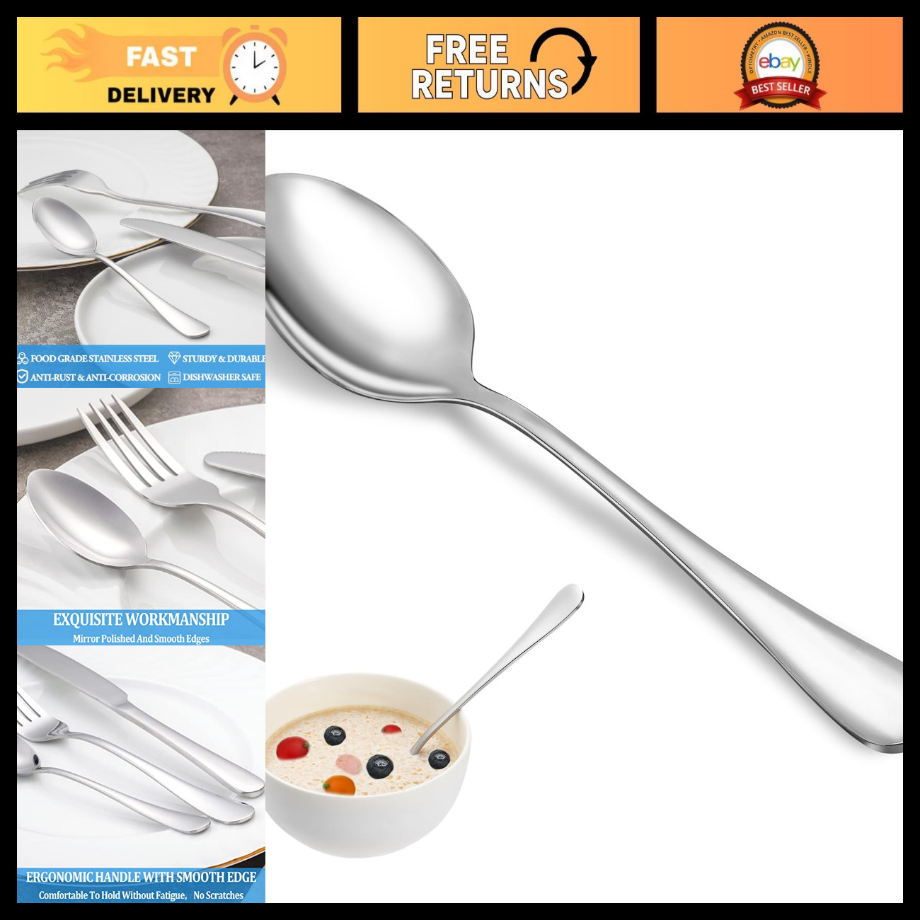 32 Pcs Stainless Steel Dinner Spoon Set, Durable Mirror Finish, Dishwasher Safe,