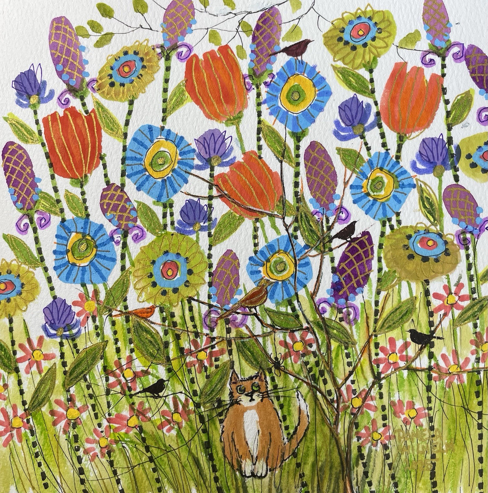 Pamela Wilhelm original 7x7” Watercolor Whimsical Garden Flower Cat Green Purple Pamela Wilhelm original 7x7” Watercolor Whimsical Garden Flower Cat Green Purple