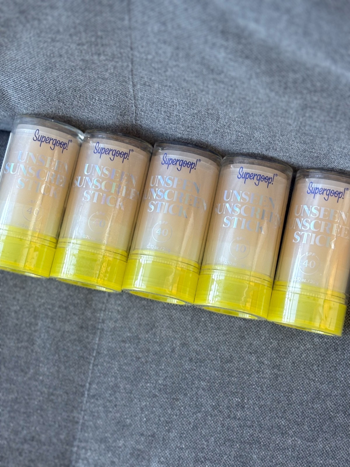 Lot of 5 Supergoop Unseen Sunscreen Stick SPF 40 - NEW - 0.70 oz. Exp 6/2027. Lot of 5 Supergoop Unseen Sunscreen Stick SPF 40 - NEW - 0.70 oz. Exp 6/2027.