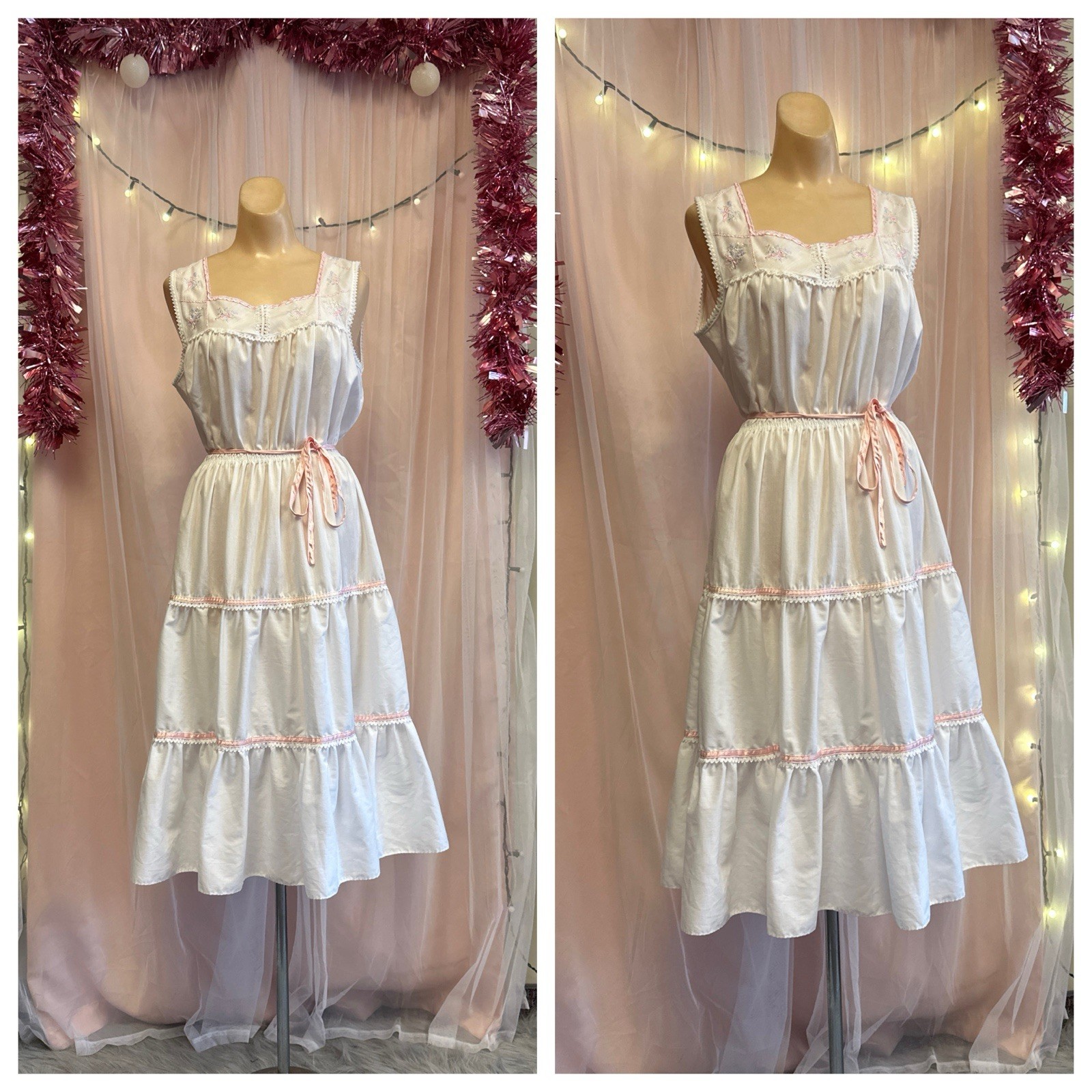 Vintage 70s 80s Prairie Dress White Pink Victorian Edwardian Boho Cotton M/L