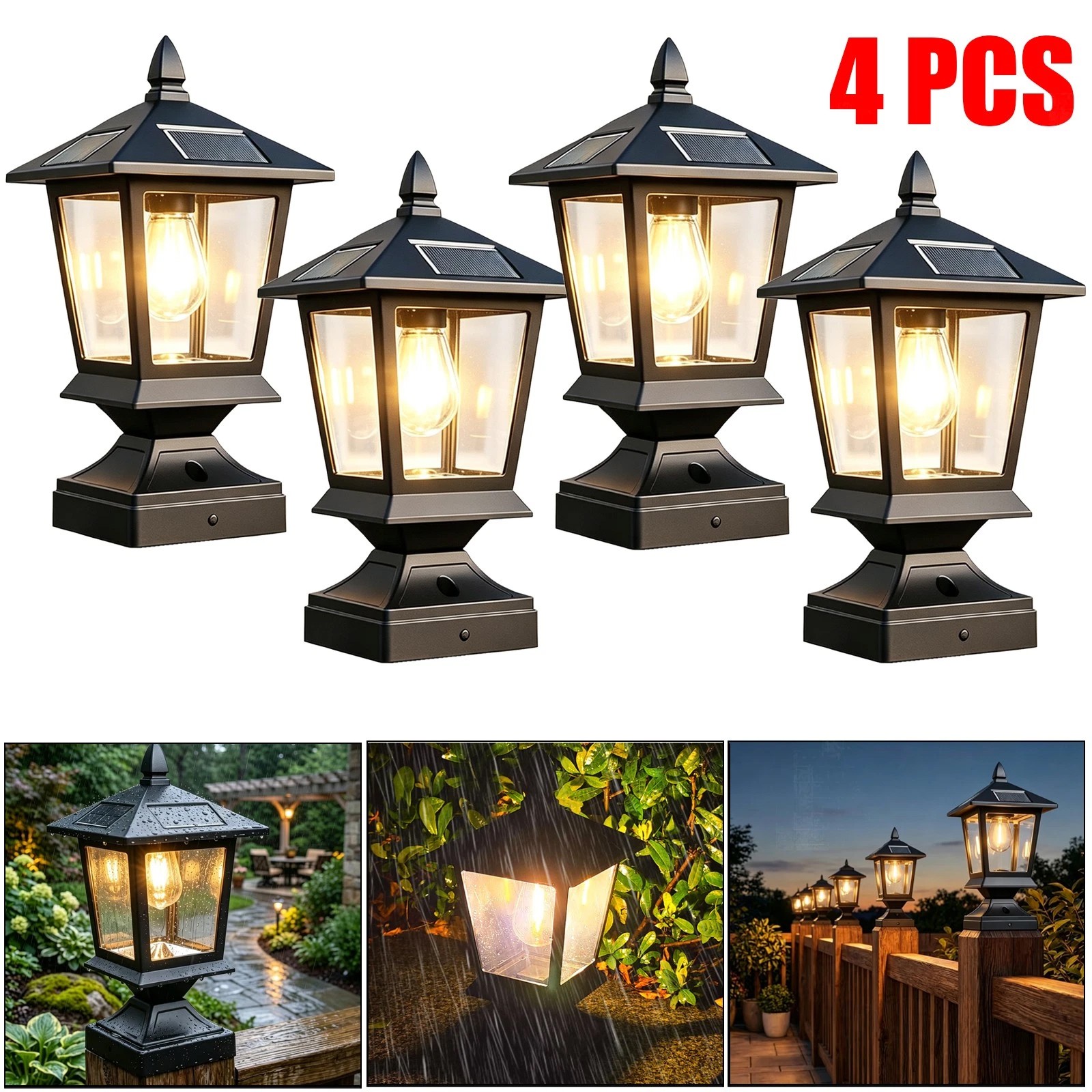 4PCS Solar Cap Lights 4x4 Waterproof Lights Sensor Post Lamp for Garden Decors