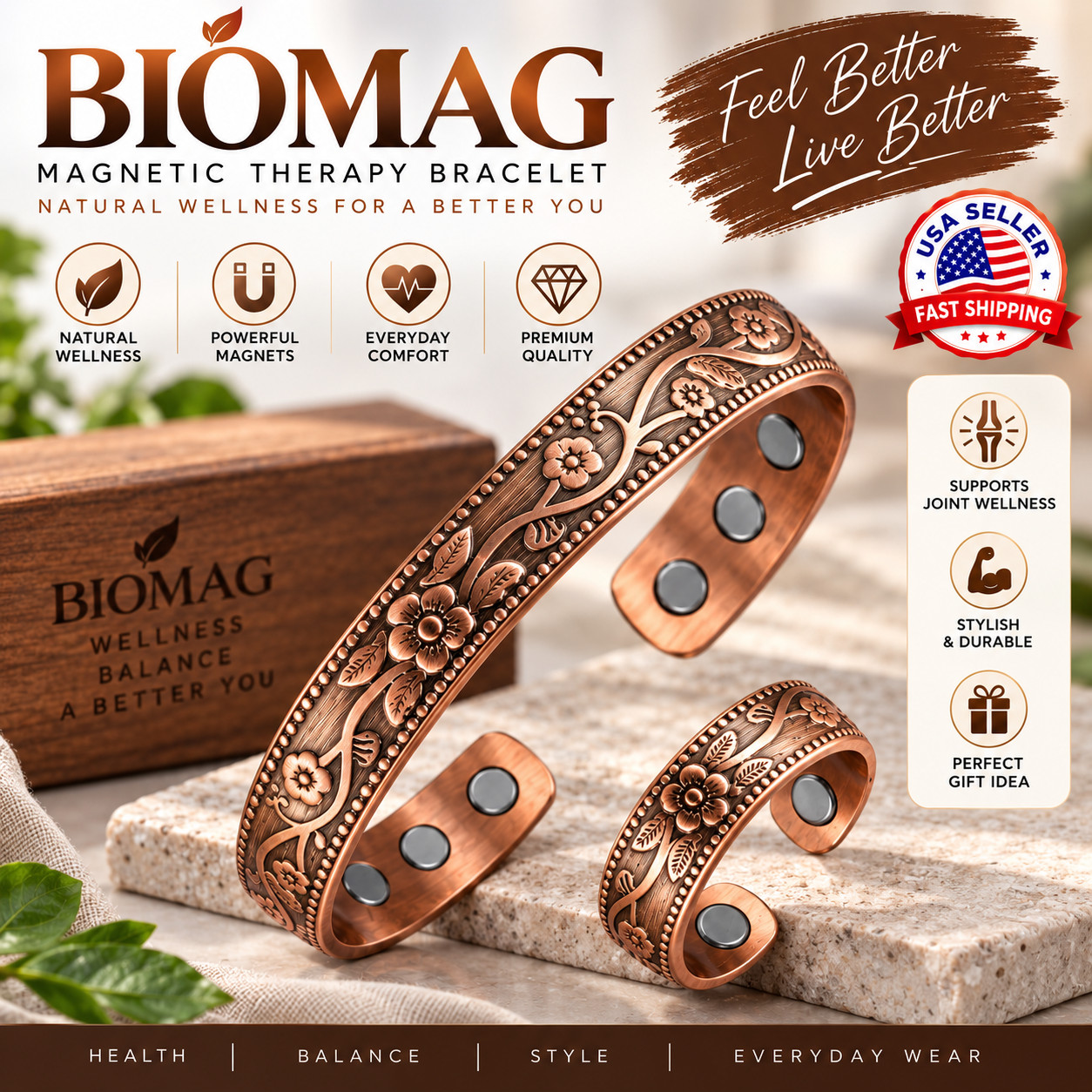 Pure Copper Magnetic Bracelet and Ring Set Engraved Therapy Cuff Jewelry Gifts
