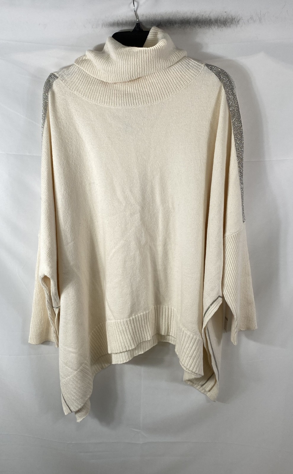 Chico\'s Women\'s Cream Ribbed Knit Ball Chain Trim Poncho Sweater NWT Sz L/XL