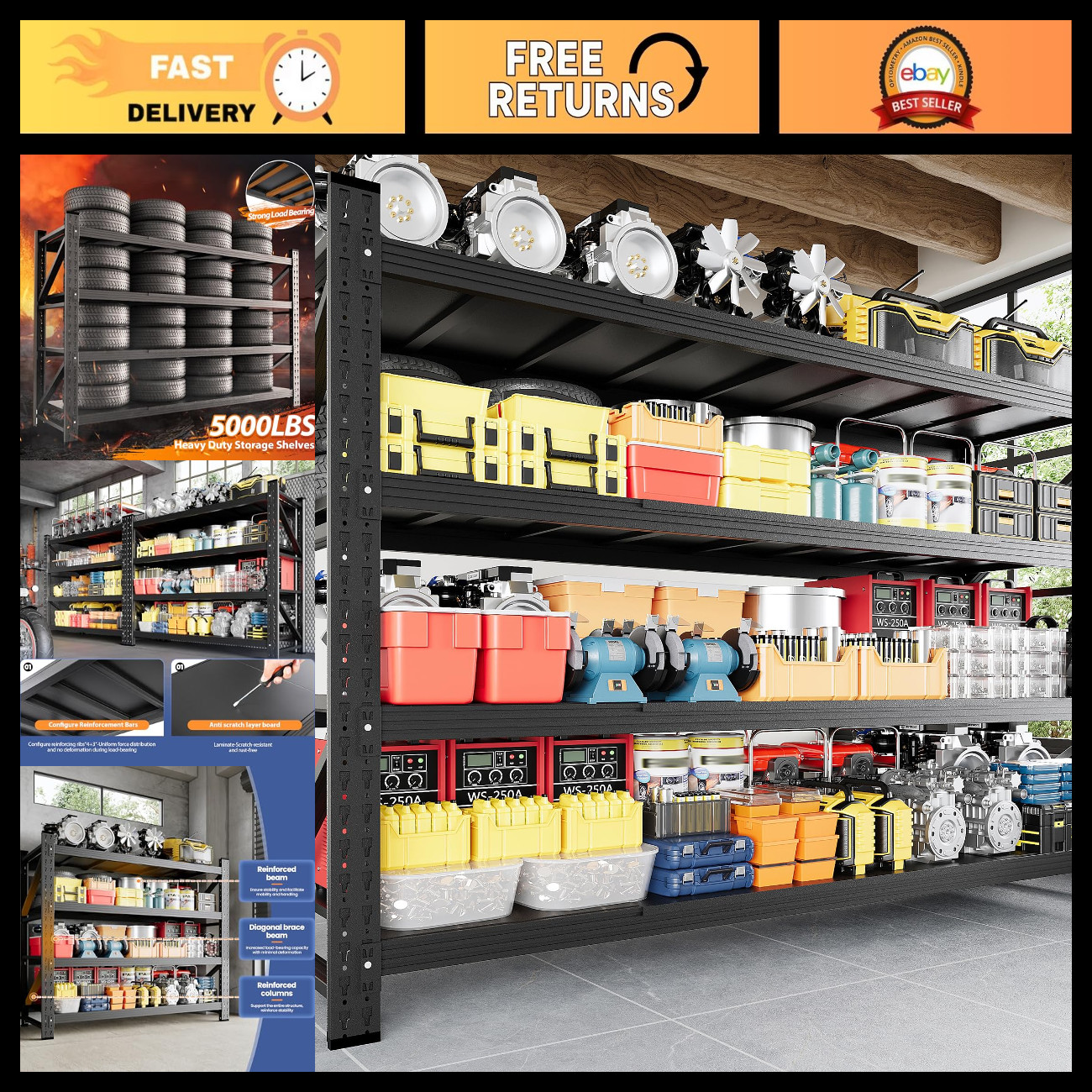 Heavy Duty 5000LBS Garage Shelving Unit, 4-Tier Adjustable Metal Storage Rack, 7 Heavy Duty 5000LBS Garage Shelving Unit, 4-Tier Adjustable Metal Storage Rack, 7