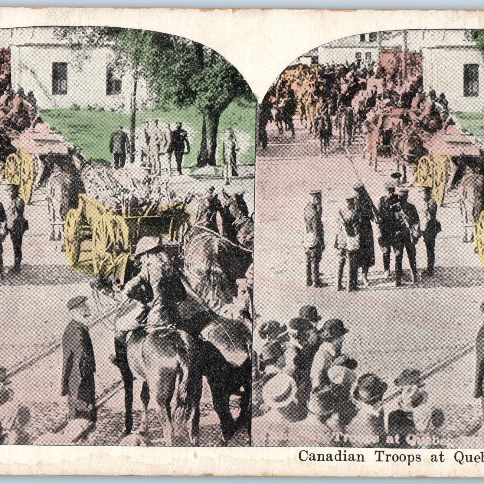 c1910s WWI Quebec, Canada Cavalry Troops Stereoview Colored Military Army V34