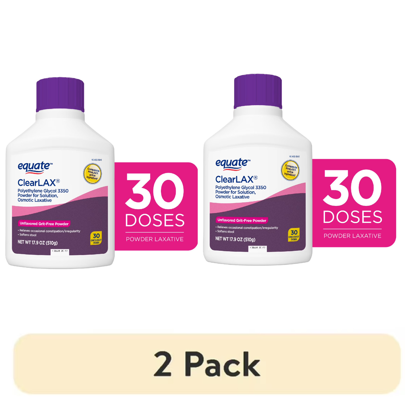 Equate ClearLax Polyethylene Glycol 3350 Powder Solution Unflavored 30 Dose 2Pk Equate ClearLax Polyethylene Glycol 3350 Powder Solution Unflavored 30 Dose 2Pk