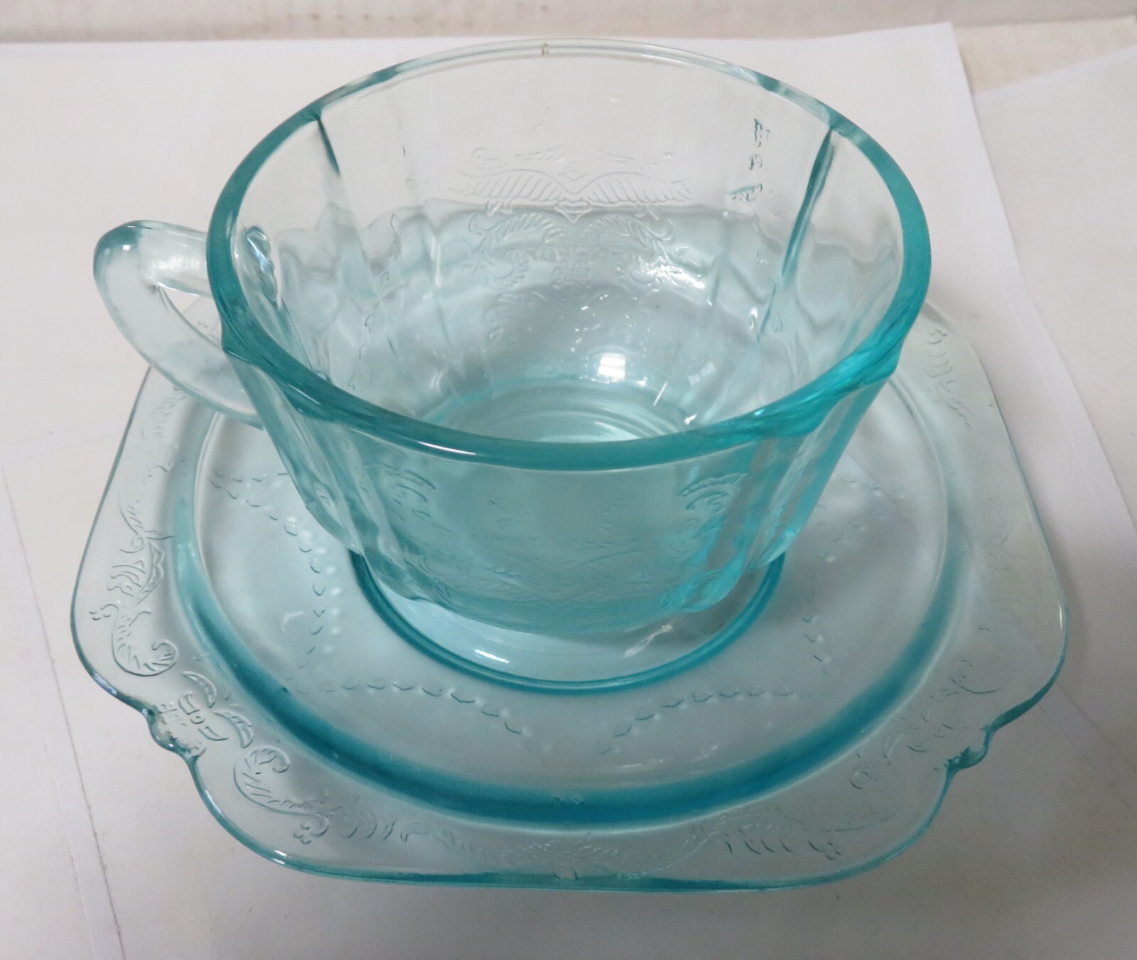 Vintage Indiana Glass Federal Madrid Recollection Teal Aqua Cup & Saucer Vintage Indiana Glass Federal Madrid Recollection Teal Aqua Cup & Saucer