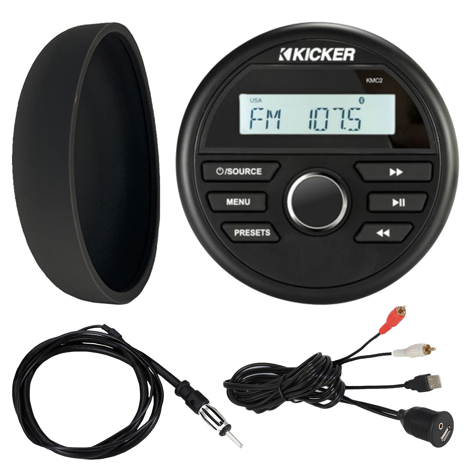 Kicker 46KMC2 All-Weather Receiver, Cover, USB/AUX Adapter, 22