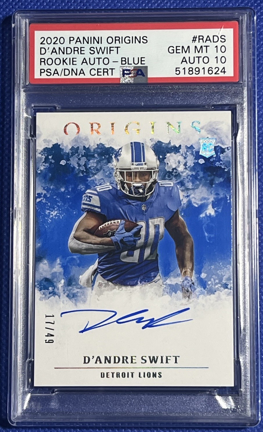 2020 PANINI ORIGINS D'ANDRE SWIFT #RADS ROOKIE AUTO BLUE 17/49 PSA 10 AUTO 10 2020 PANINI ORIGINS D'ANDRE SWIFT #RADS ROOKIE AUTO BLUE 17/49 PSA 10 AUTO 10