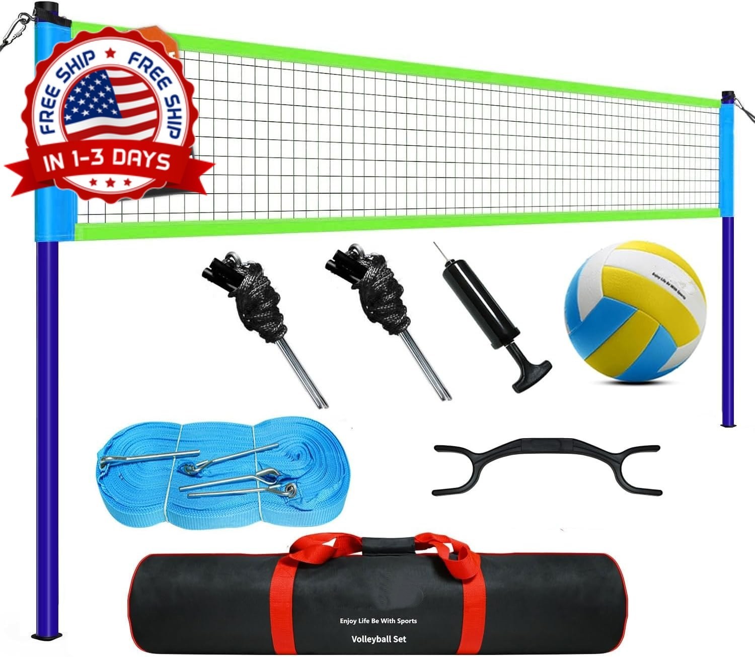 Red De Voleibol Portatil De 20FT Con Postes Ajustables Pelota Y Bolsa