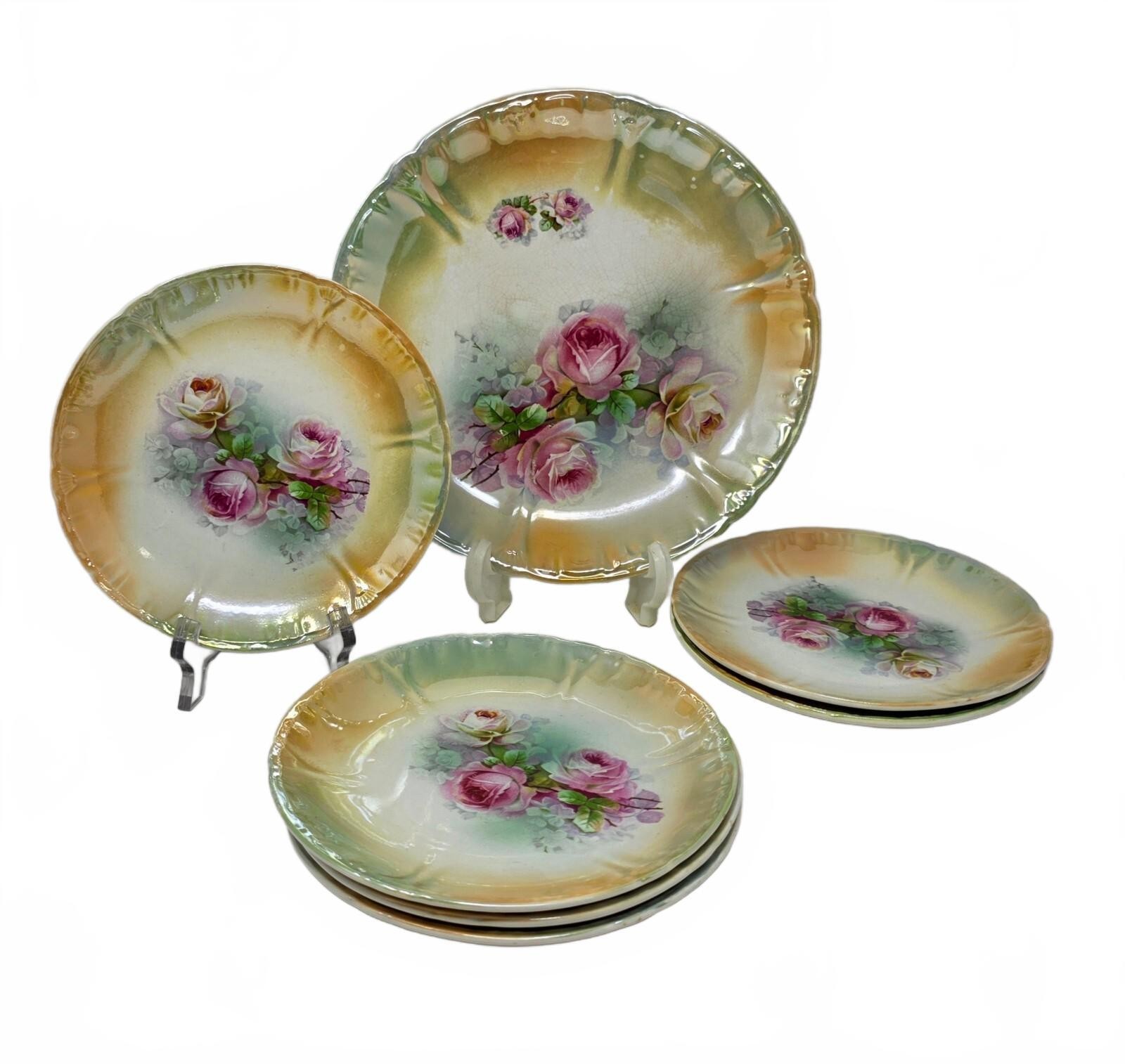Antique Royal Bonn Rose Lusterware Plate Set of 7 Franz Anton Mehlem Germany Antique Royal Bonn Rose Lusterware Plate Set of 7 Franz Anton Mehlem Germany