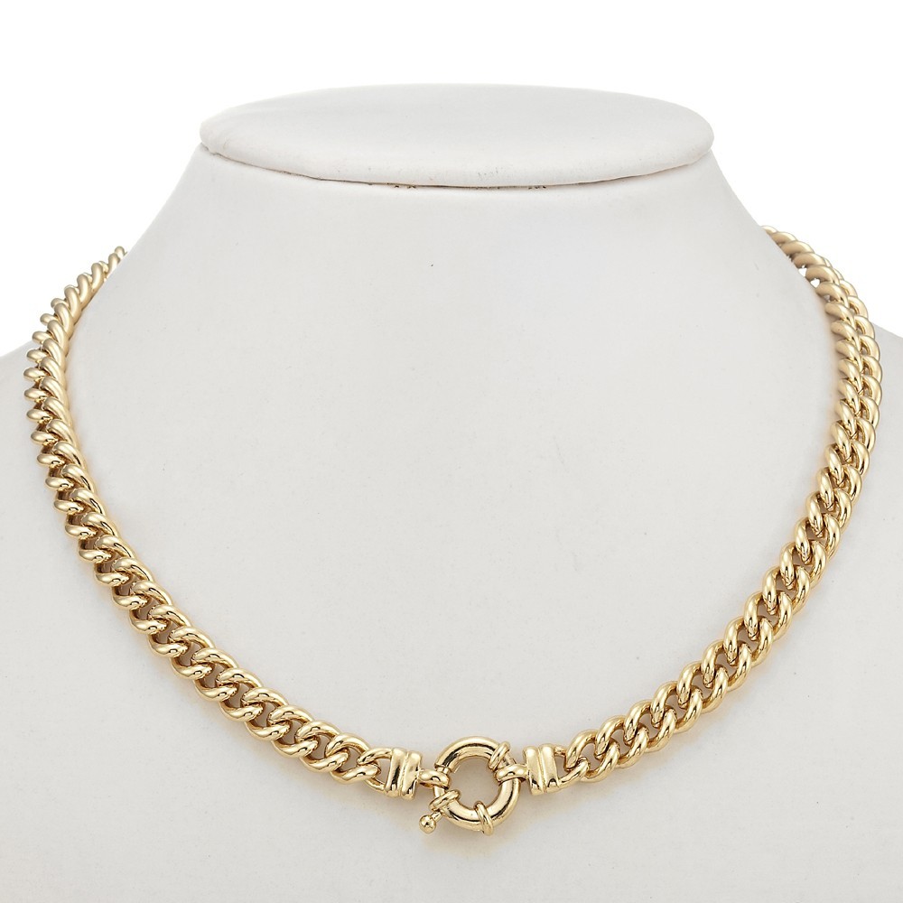 18K GL Solid Curb Yellow Gold Necklace with Antique Style Lifebuoy Clasp