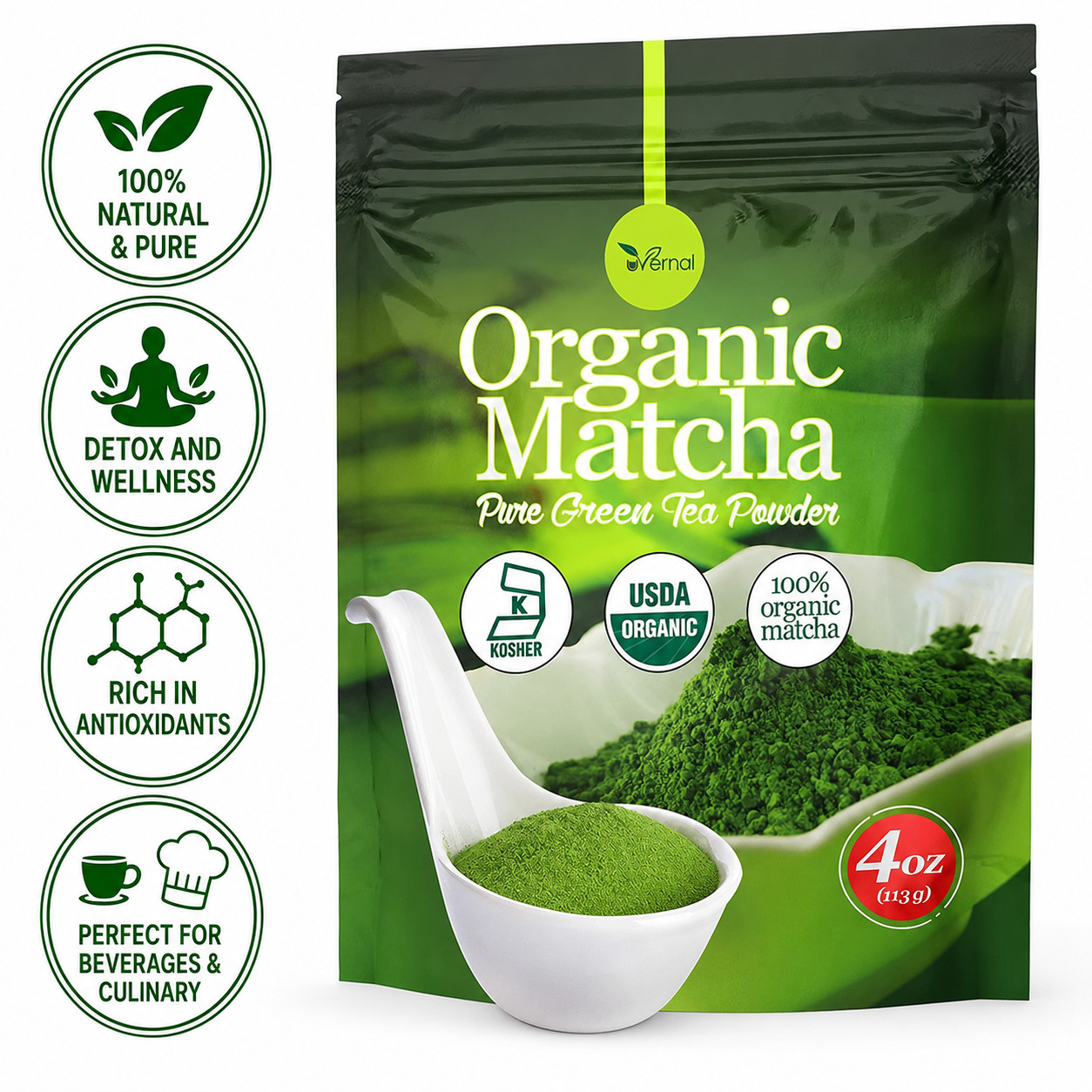 Matcha Green Tea Powder 4oz Organic 100% Pure Culinary Grade For Latte & Baking Matcha Green Tea Powder 4oz Organic 100% Pure Culinary Grade For Latte & Baking