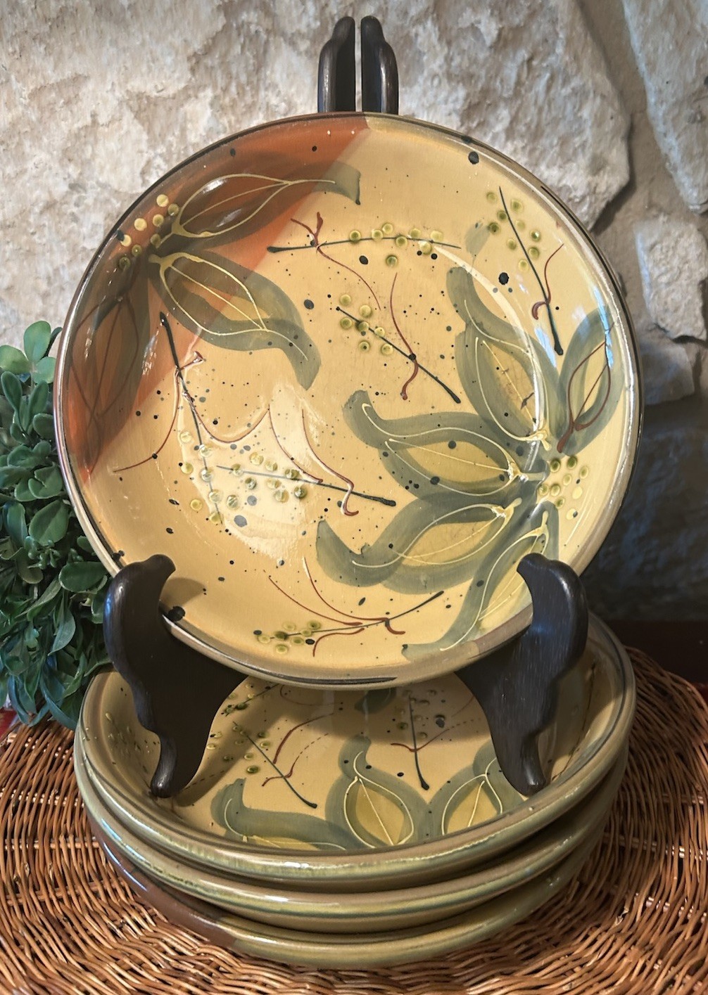 4 Certified International Pasta Salad Bowls Ceramic Rustic Foliage Motif 9.5 4 Certified International Pasta Salad Bowls Ceramic Rustic Foliage Motif 9.5