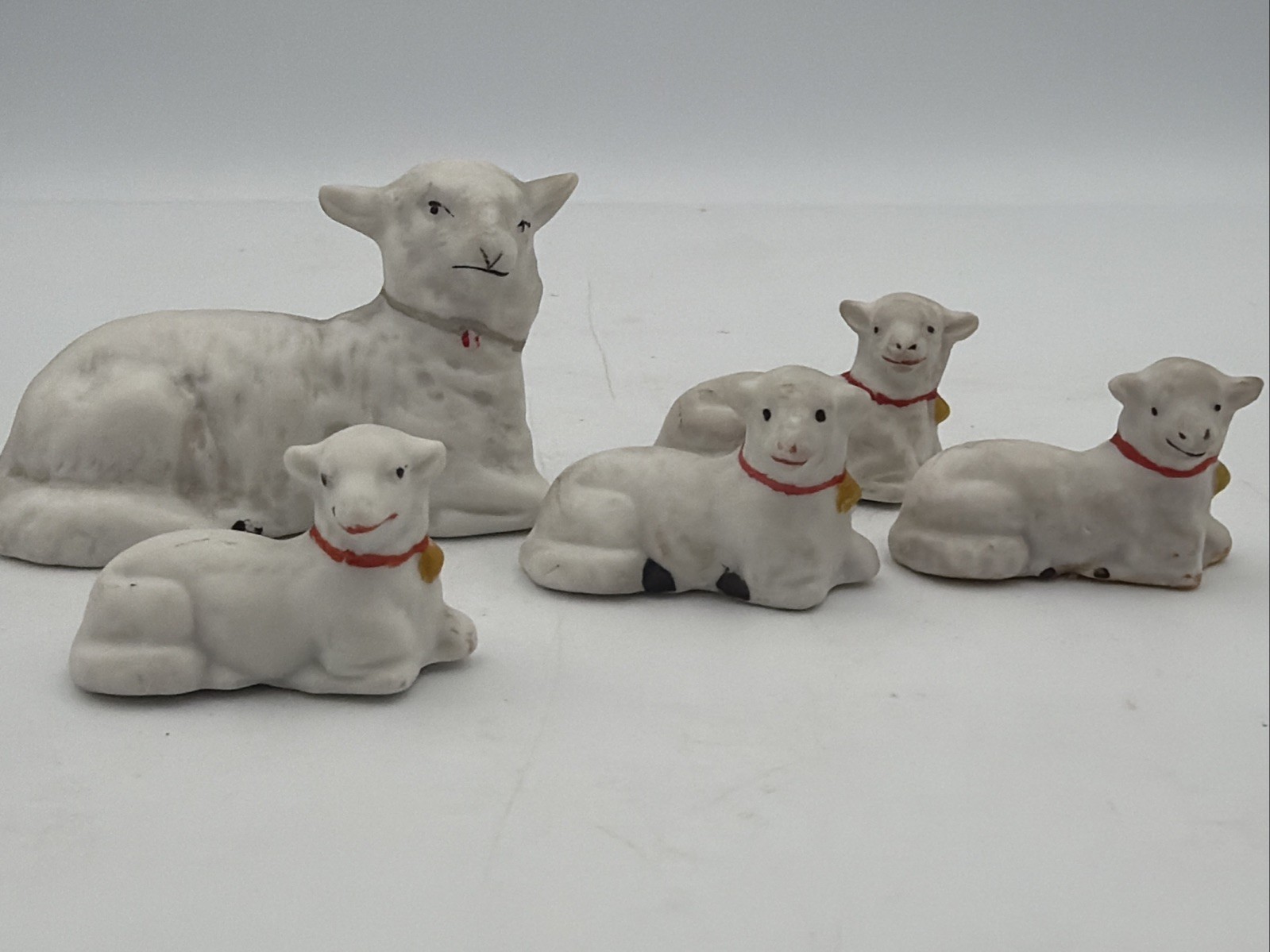 5 Antique German Dollhouse Hertwig & Co Bisque Sheep Family 1915 Miniatures