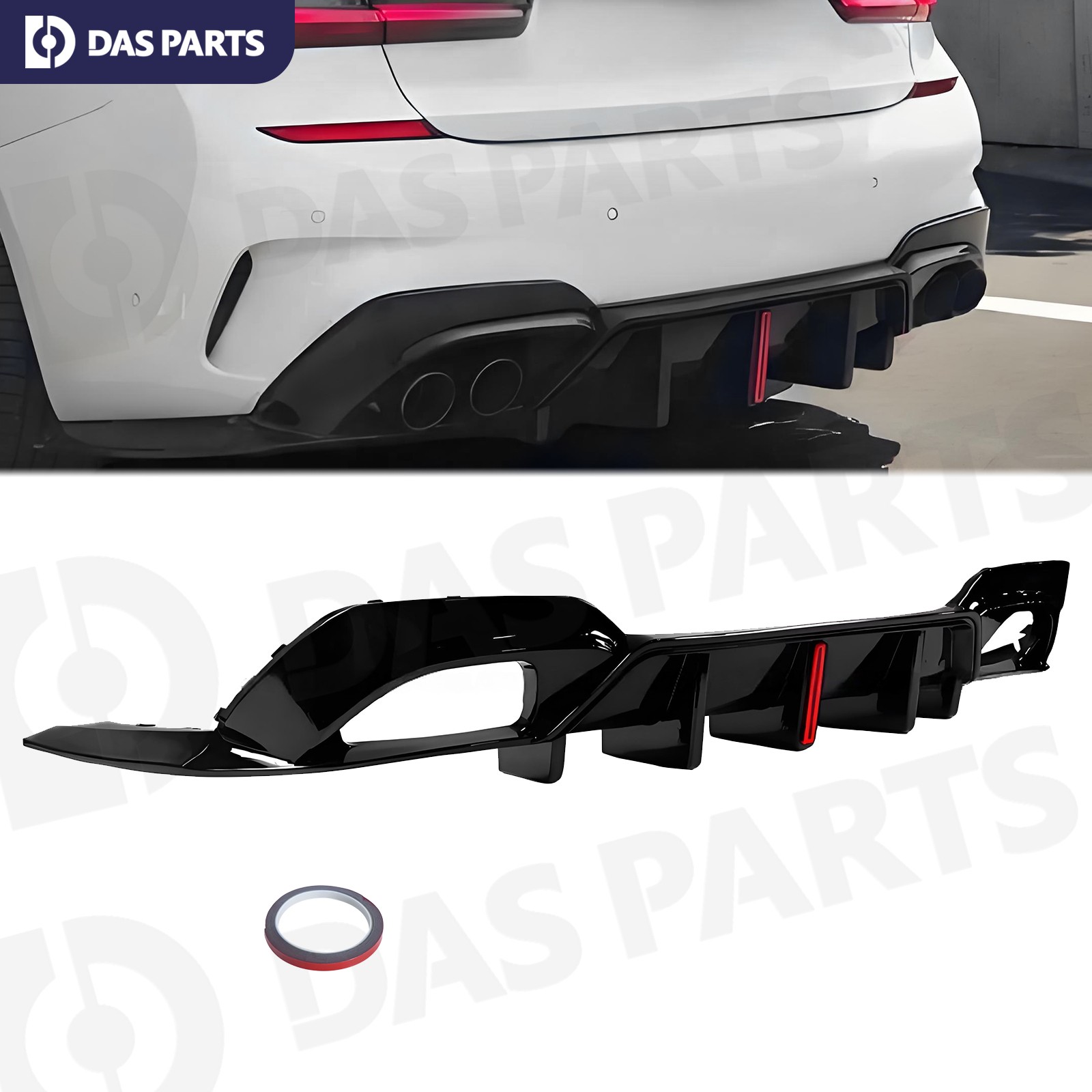 For 19-22 BMW G20 3 Series Gloss Black Rear Diffuser Vertical LED Light VT Style