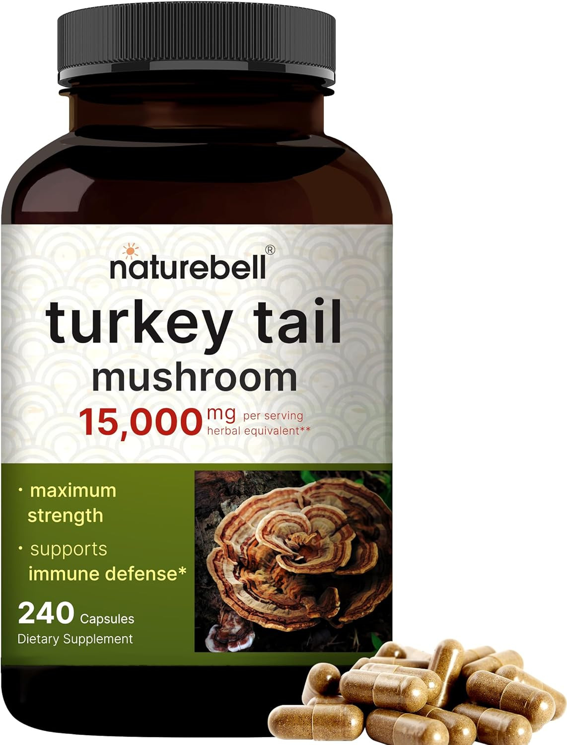 Turkey Tail Mushroom Capsules 15,000Mg per Serving, 240 Count | 25:1 Fruiting Bo