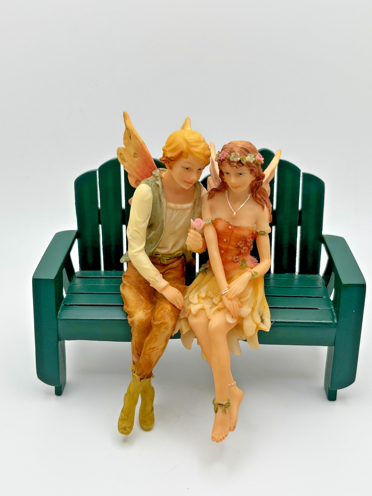 Vintage 2003 Veronese Fairy Couple Figurine with Cardinal Green Saratoga Settee