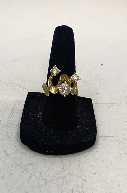 14K Yellow Gold Cubic Zirconia Wavy Bypass Statement Ring Size 5.5 6.0g