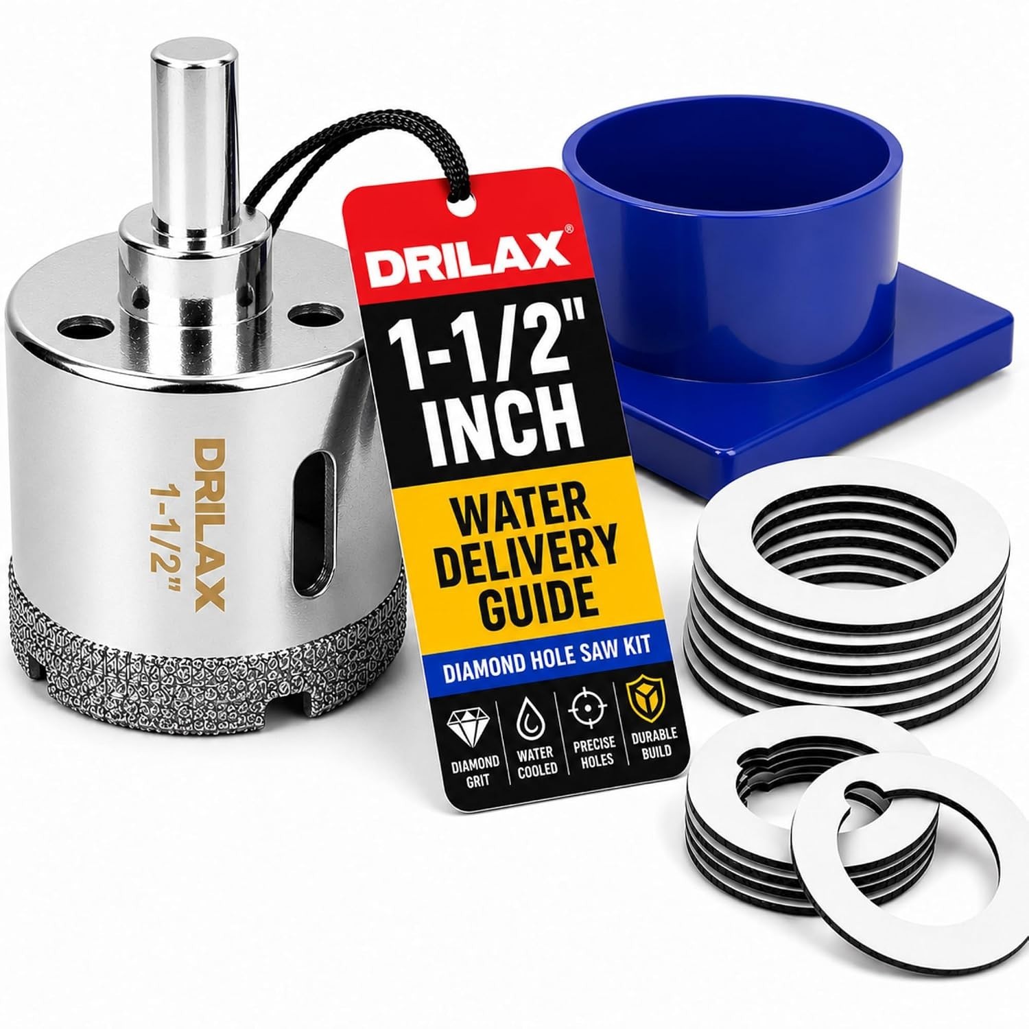 Drilax 1-1/2 Inch Diamond Hole Saw with Water Delivery System Countertop Guide