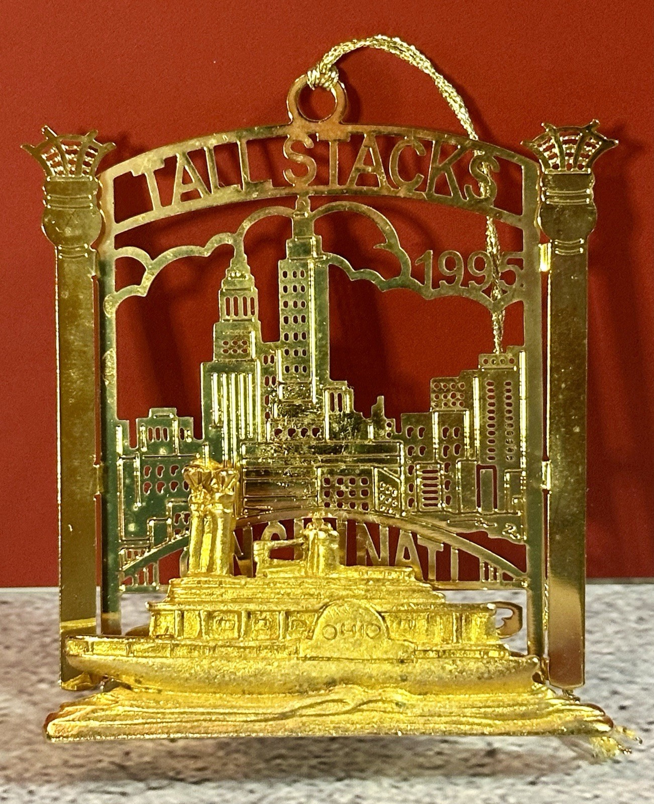 1995 McAlpin's CINCINNATI Tall Stacks Christmas Tree Ornament Gold Plated Finish 1995 McAlpin's CINCINNATI Tall Stacks Christmas Tree Ornament Gold Plated Finish