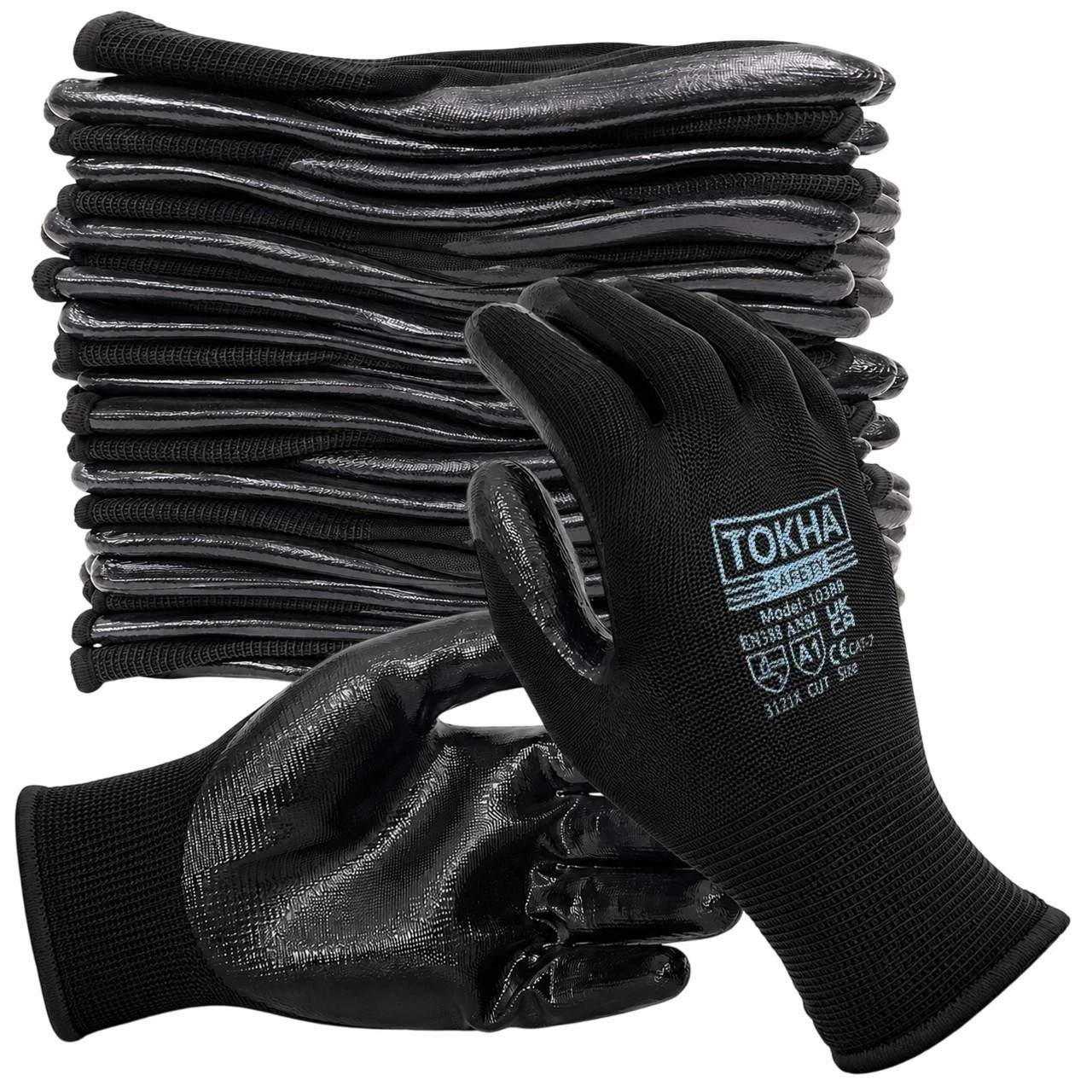 12 Pairs Nitrile Coated Work Gloves ANSI A1 Cut EN388 3121X Oil Resistant Coated