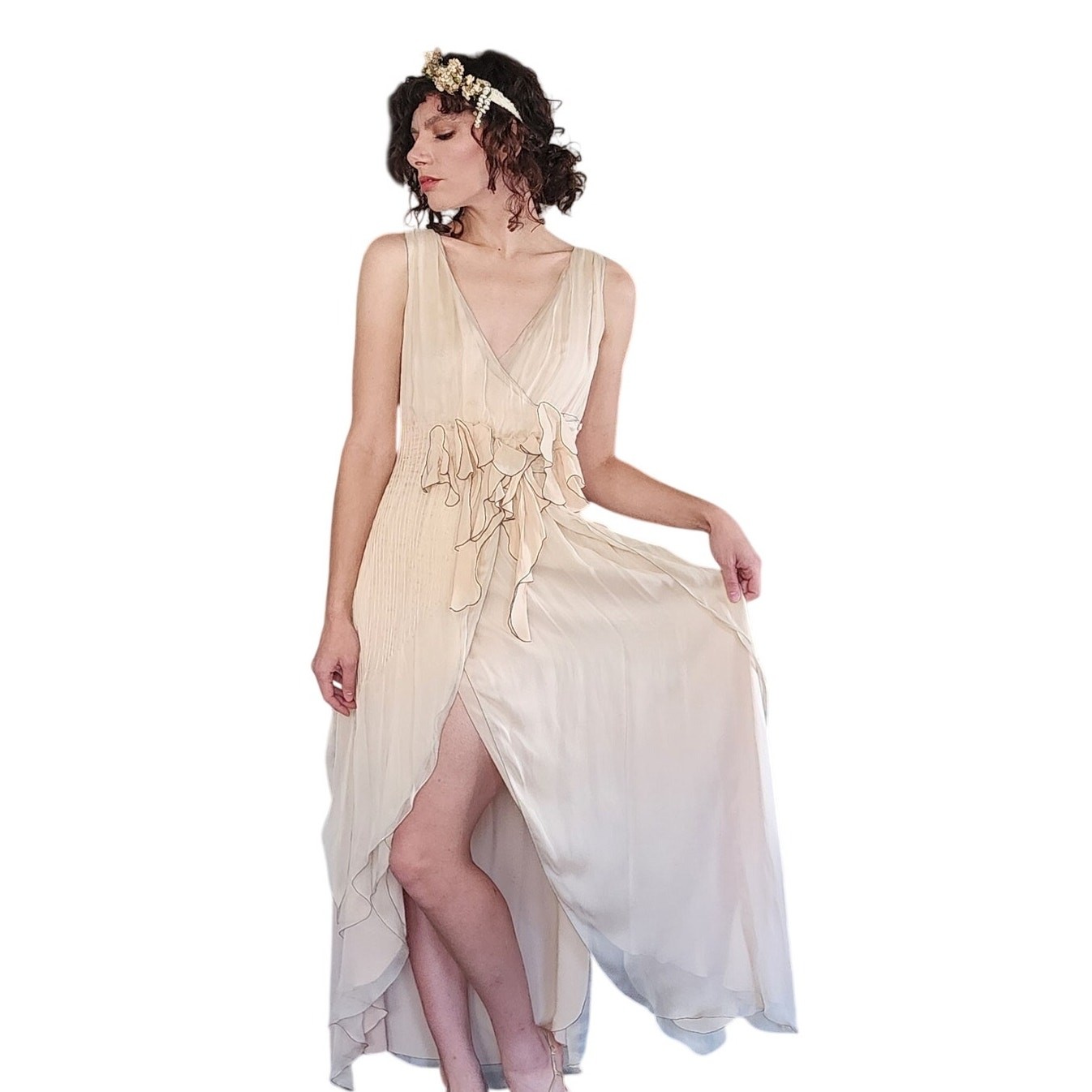 VTG Y2K Fendi Dress Cream Silk Chiffon Gown NWT Bergdorf Goodman Boho Bride M