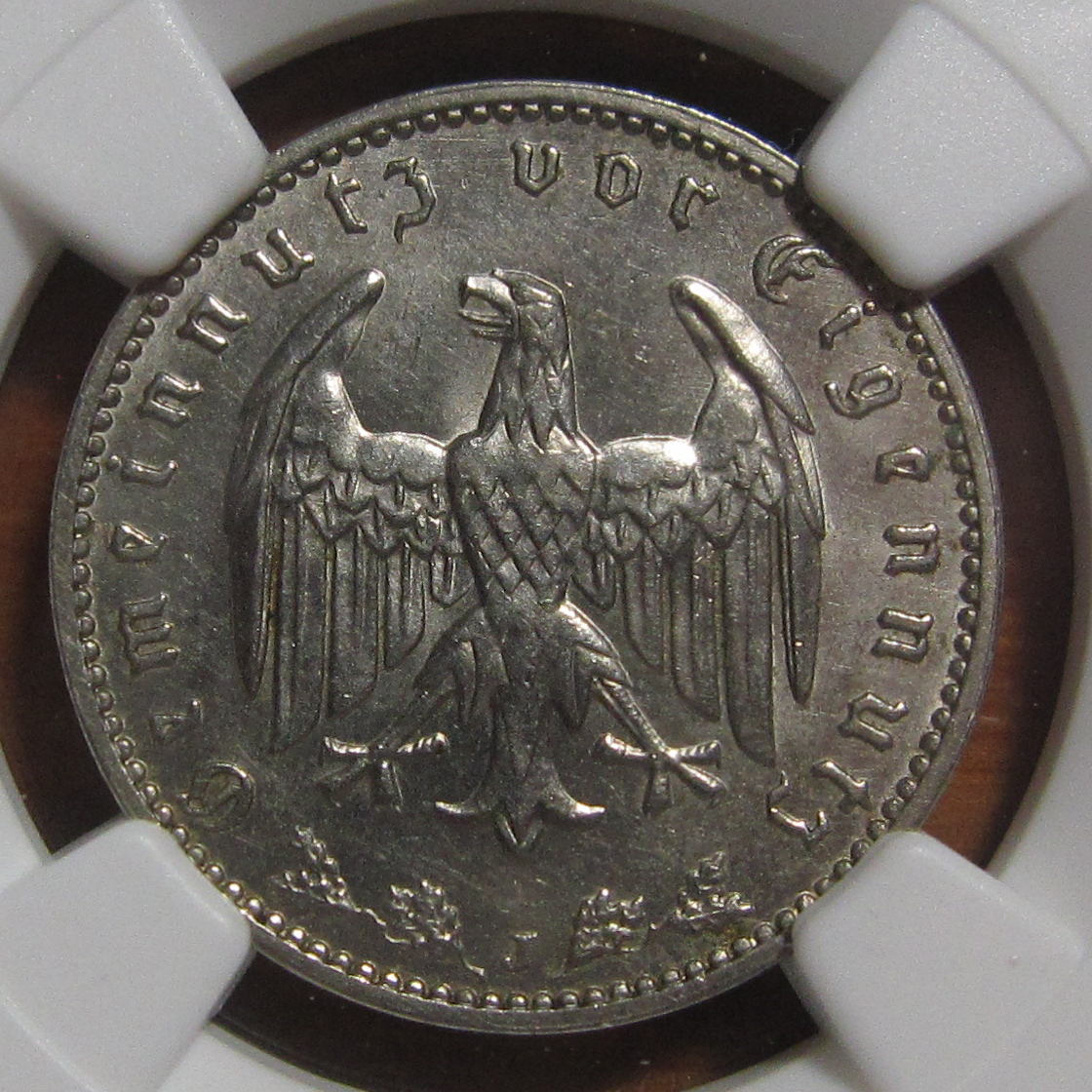NGC-MS63 1938J GERMAN THIRD REICH 1REICHSMARK LOW MINTAGE