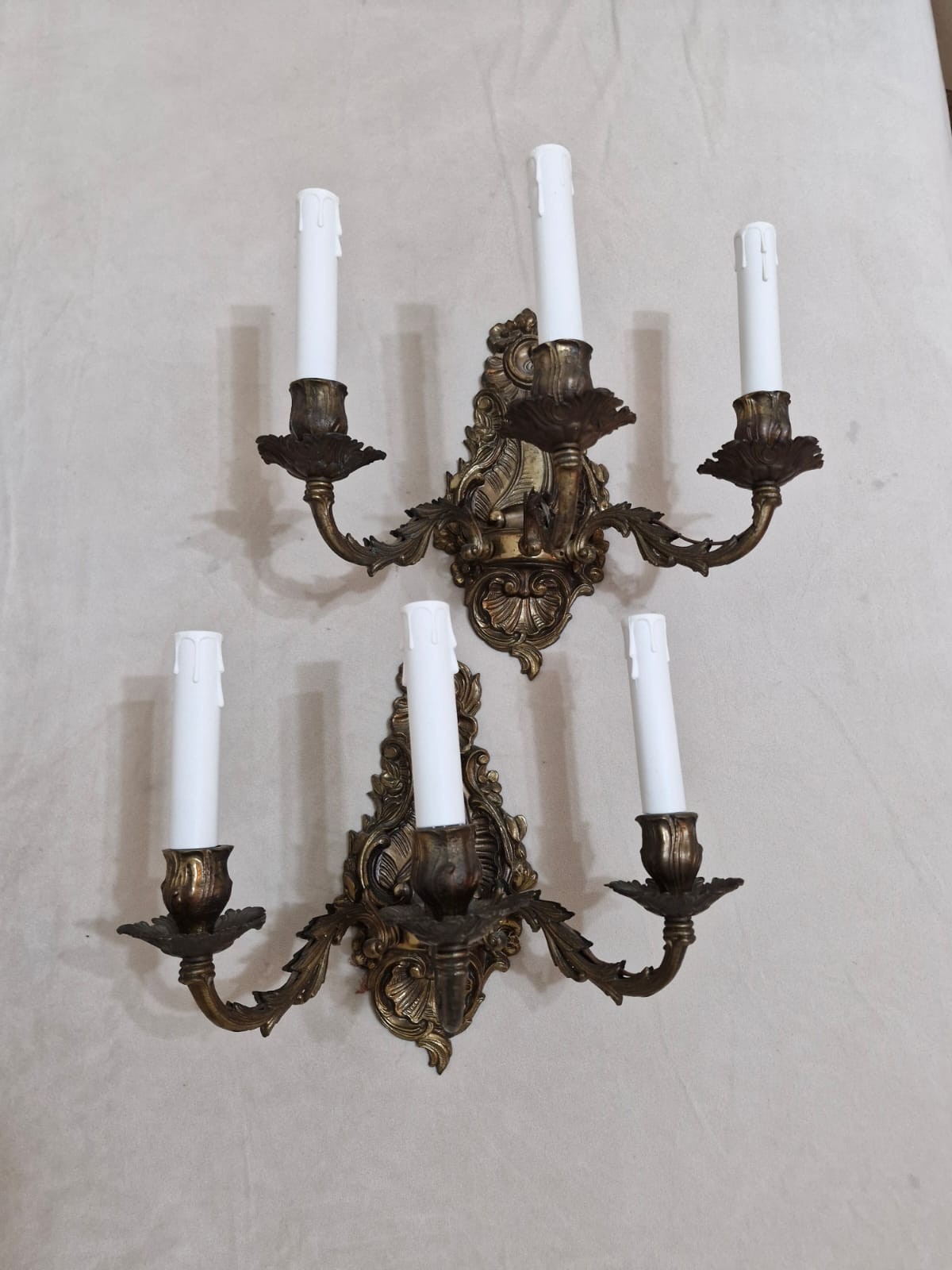 Pair Vintage Antique French Brass Wall Sconces Ornate 3 Light Candelabra Lamps