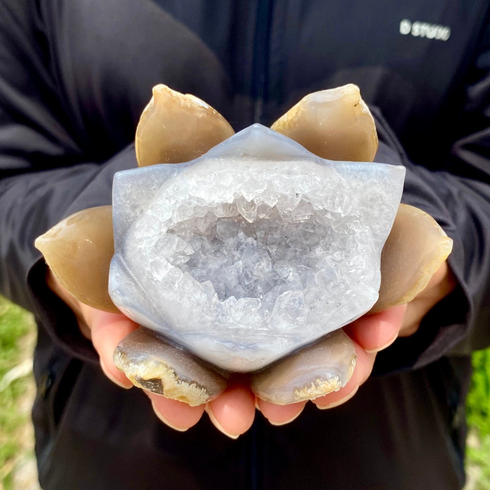 295G Natural Agate Geode Carved Lotus Flower, Hand Carved Healing Crystal Home D
