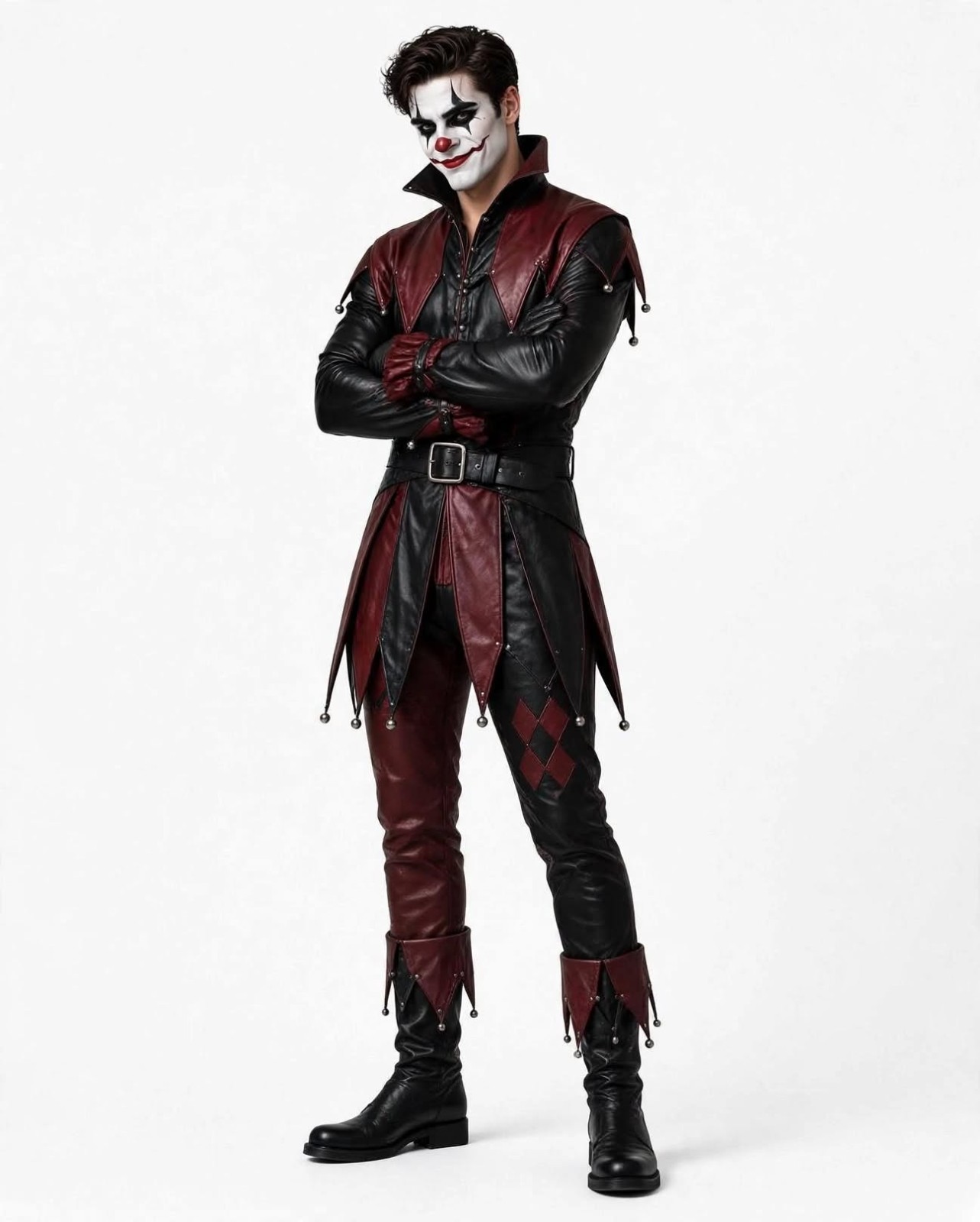 Men\'s Red & Black Leather Jester Costume Set Gothic Medieval Cosplay Outfit