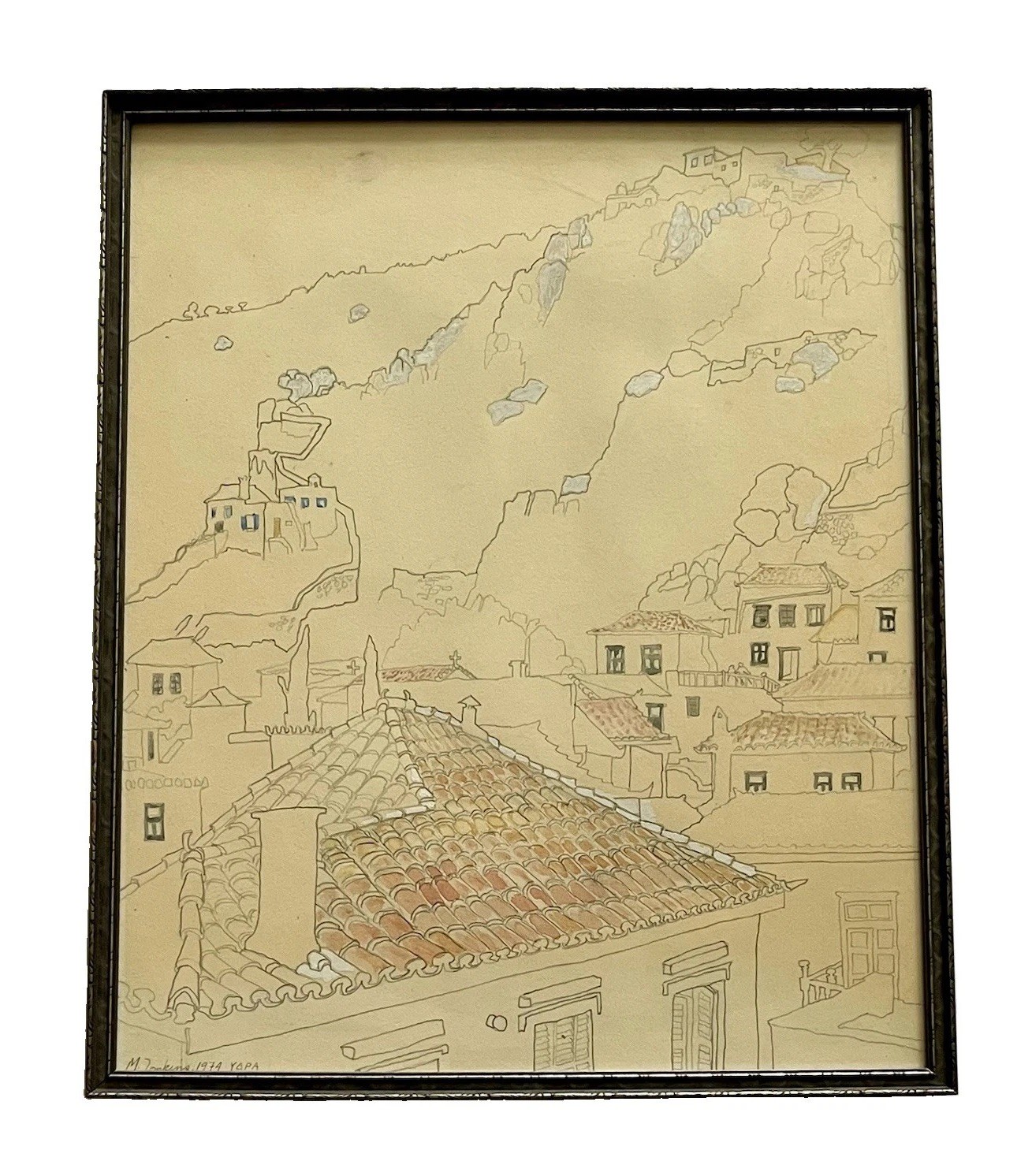 Millicent Tomkins 1974 Drawing Hydra Greece Hillside Architecture Signed Framed Millicent Tomkins 1974 Drawing Hydra Greece Hillside Architecture Signed Framed