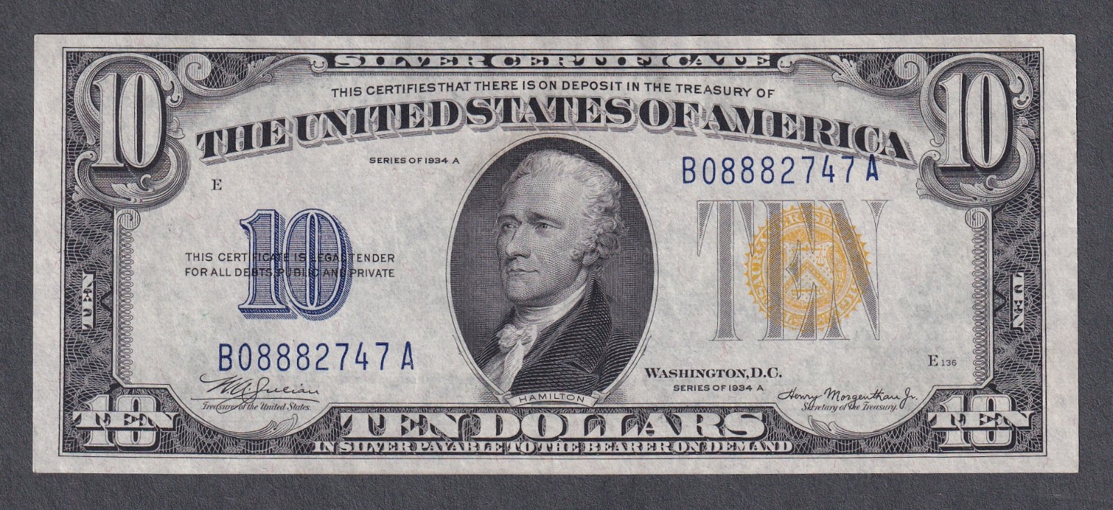 1934A $10 CRISP AU+/UNC WWII NORTH AFRICA EMERGENCY ISSUE Silver Certificate 1934A $10 CRISP AU+/UNC WWII NORTH AFRICA EMERGENCY ISSUE Silver Certificate