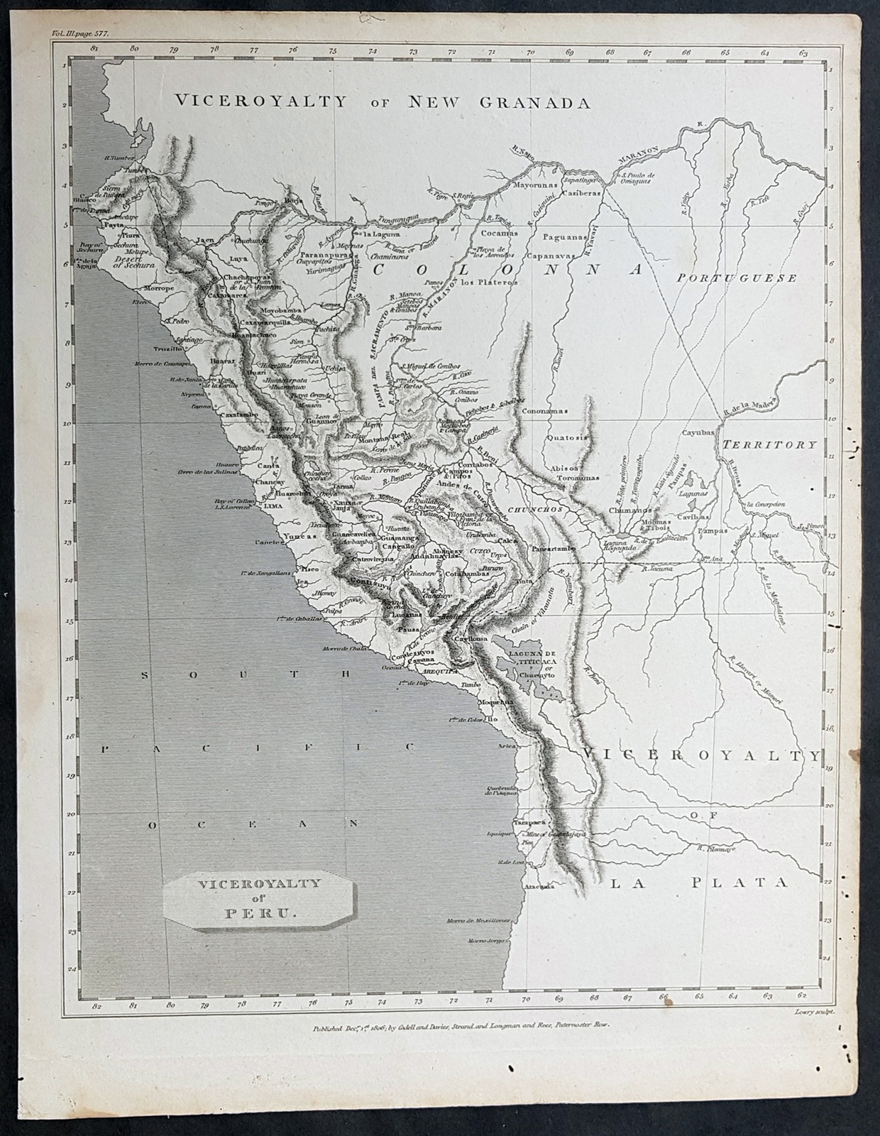 1806 Cadell & Evans Scarce Original Antique Map of Viceroyalty Peru, Sth America
