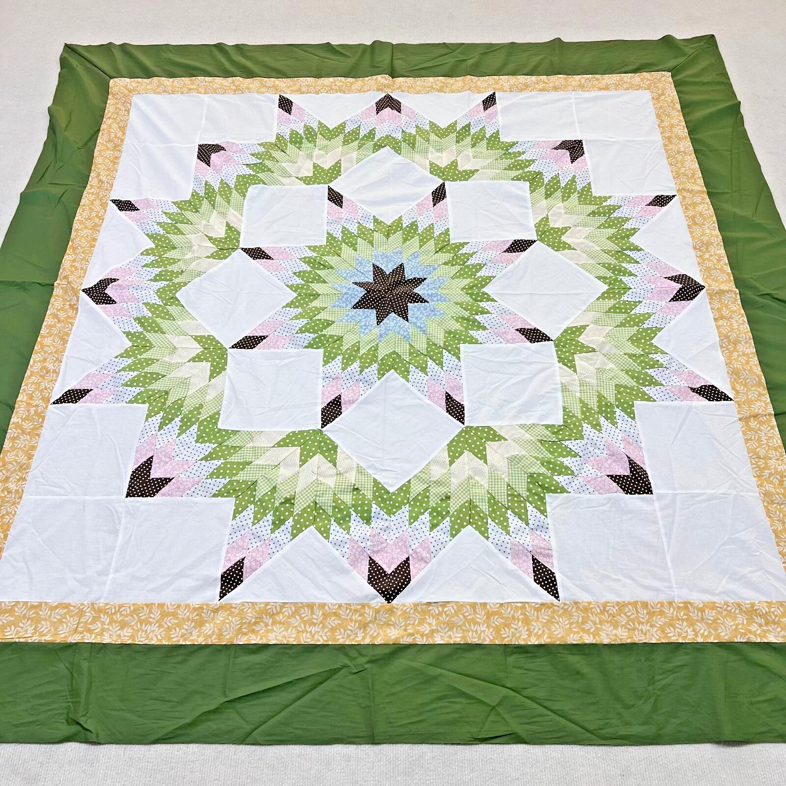 Green Spiral Texas Lone Star Handmade Cotton Queen Patchwork quilt top/topper Green Spiral Texas Lone Star Handmade Cotton Queen Patchwork quilt top/topper