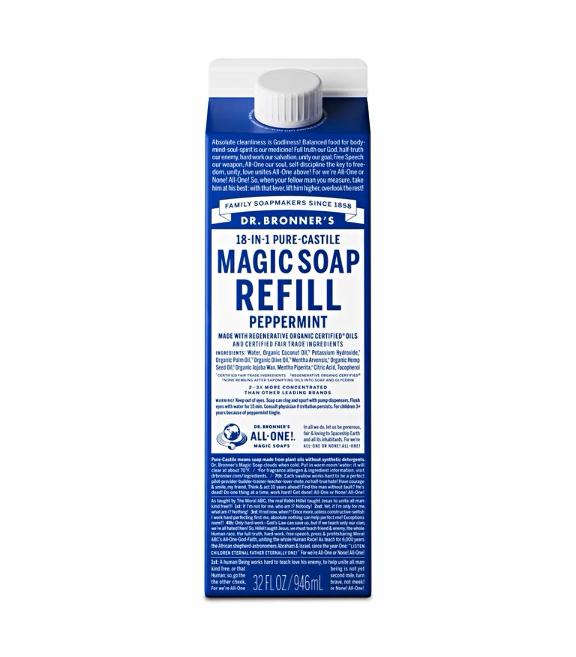 Dr. Bronner\'s Magic Soap 18-in-1 Pure-Castile Peppermint Refill 32 fl oz Dr. Bronner\'s Magic Soap 18-in-1 Pure-Castile Peppermint Refill 32 fl oz