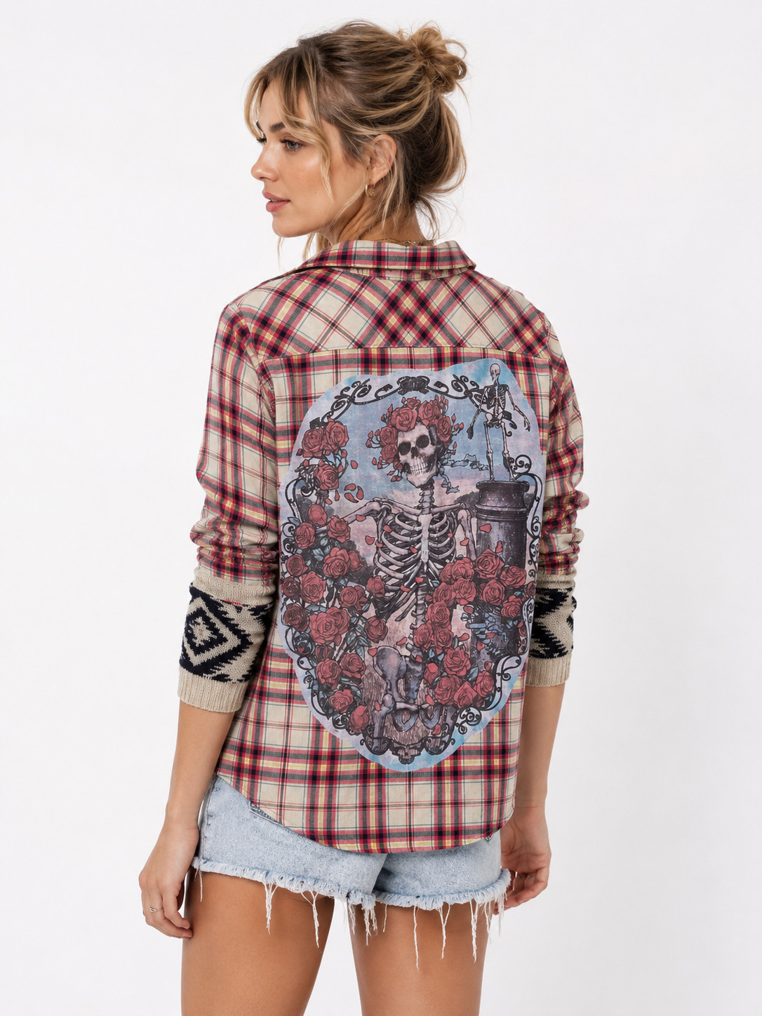 New Mountain Girl Clothing Button Down Top OOAK Plaid Skeleton Roses Size XS? S? New Mountain Girl Clothing Button Down Top OOAK Plaid Skeleton Roses Size XS? S?