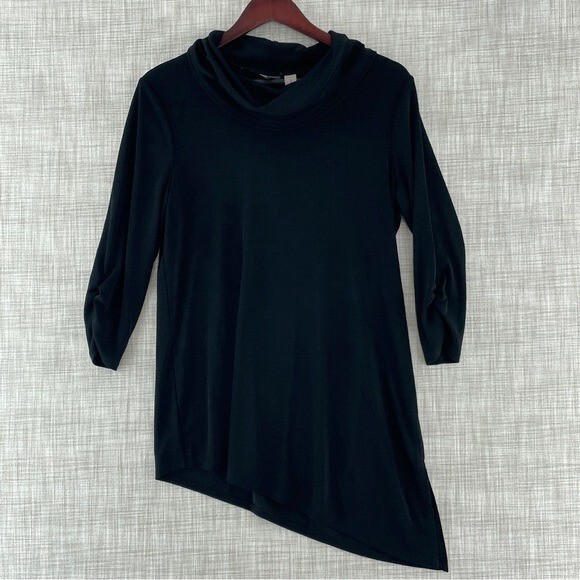 easy wear by Chico\'s size 1 Asymmetrical 1/2 Sleeve cowl Women shirt black 9194 easy wear by Chico\'s size 1 Asymmetrical 1/2 Sleeve cowl Women shirt black 9194